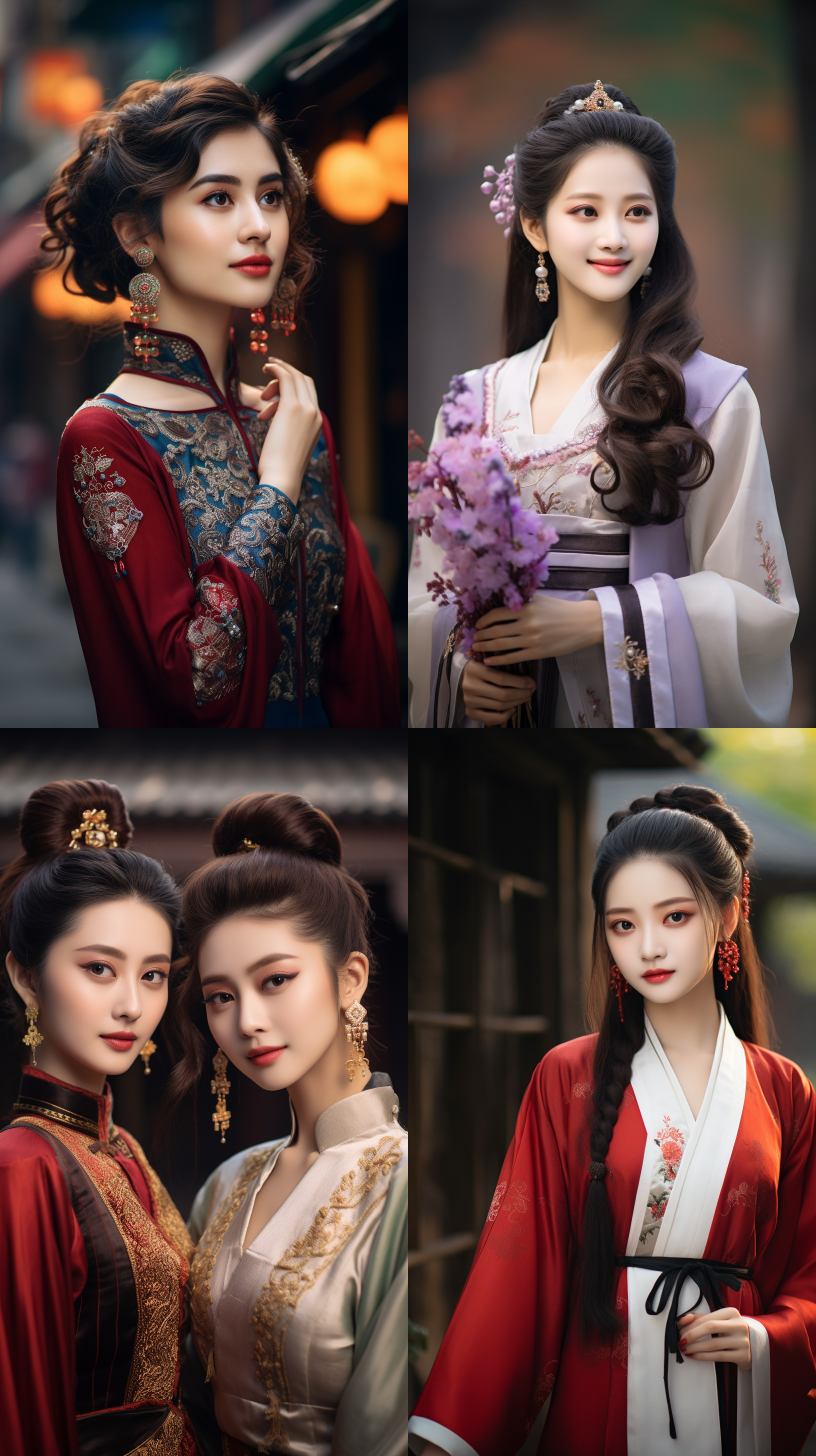 室外拍摄，明亮色调，中国模特穿着古典服装，侧面肖像，柔和光线，中焦镜头，微笑表情