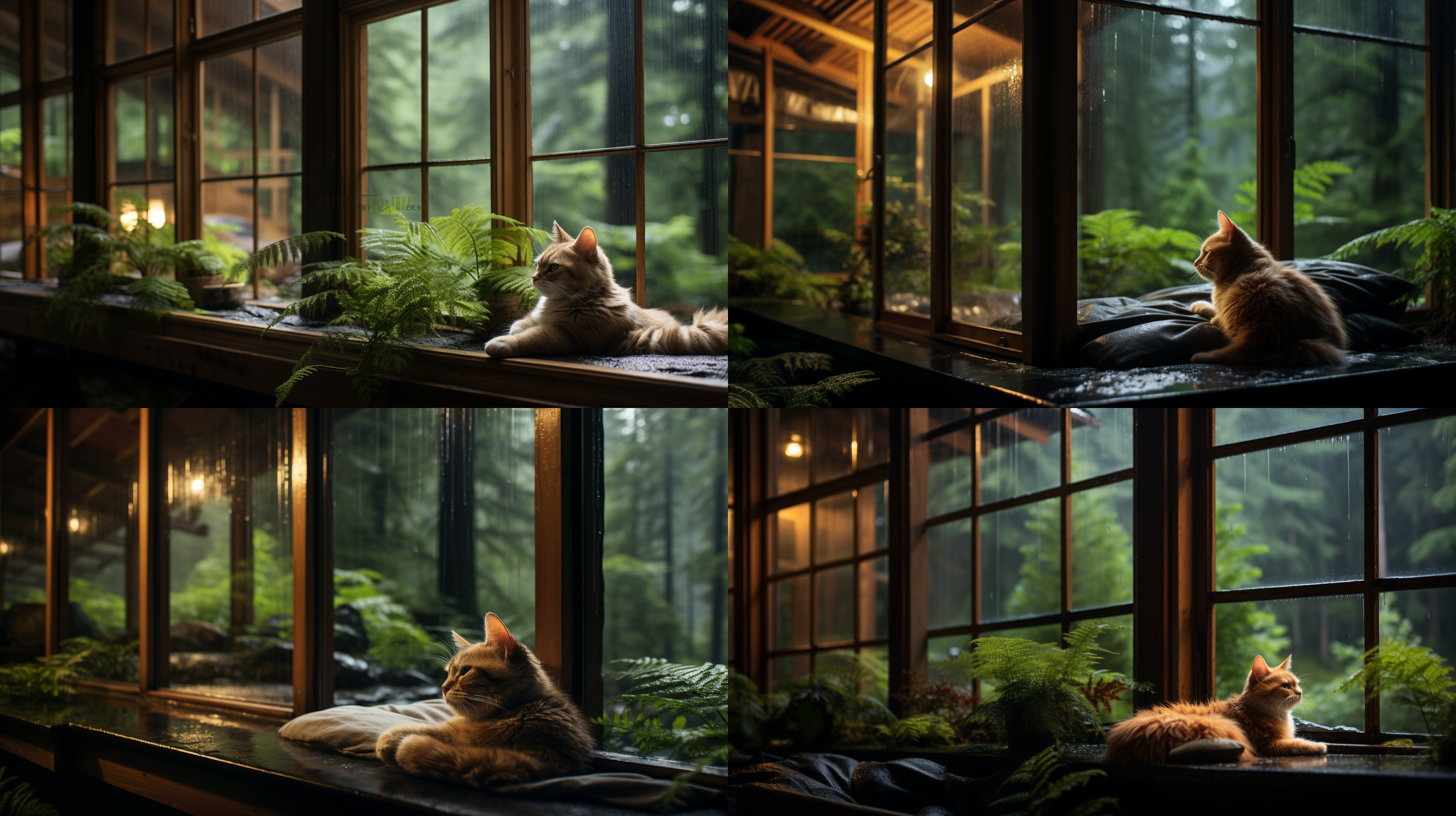 森林小屋，窗外小雨，木结构，一只可爱的猫趴在窗台，自然风光，安静的气氛，静态构图，柔和的色彩，长焦镜头，镜头向着窗外，丰富的细节，室内照明，平静的情绪。