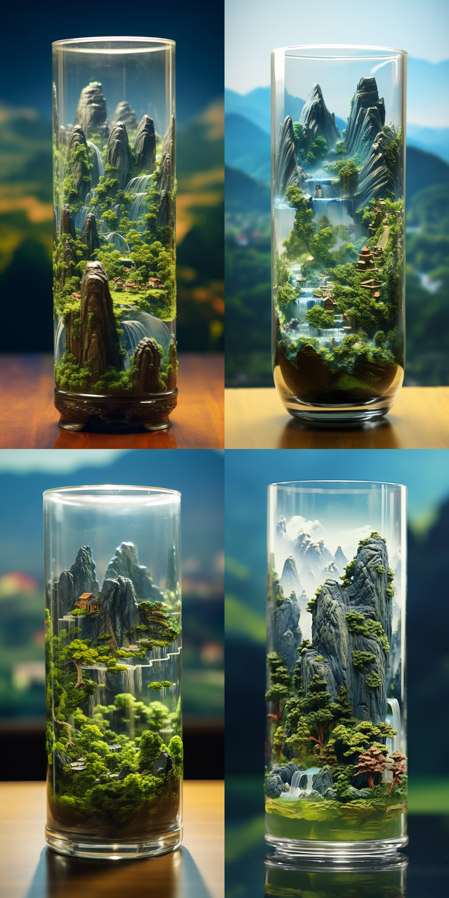 miniature landscape, chinese landscape, in a glass, 3d stereo effect of the mountain, blue and green color scheme, gold lines, natural light, panoramic composition, blurred foreground, ultra hd,8k