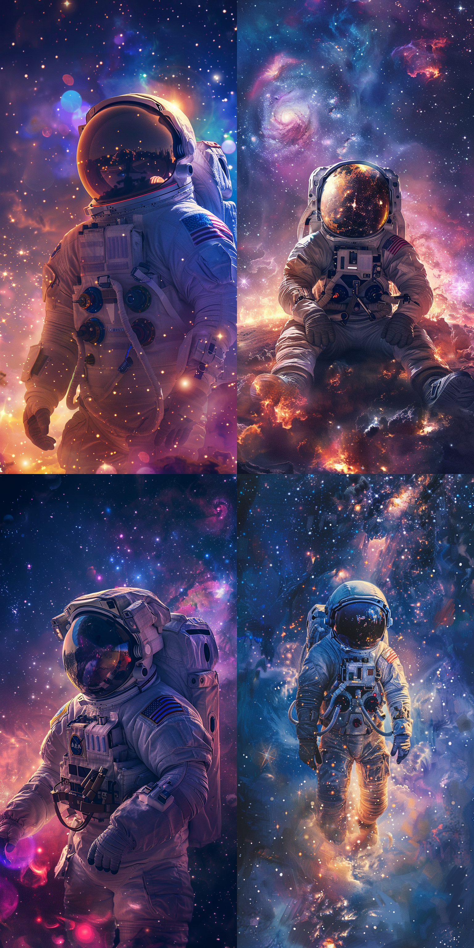 治愈系宇宙，梦幻引擎，星空下，宇航服，微笑，柔和光线，远景，色彩缤纷，幻想，温暖情感。