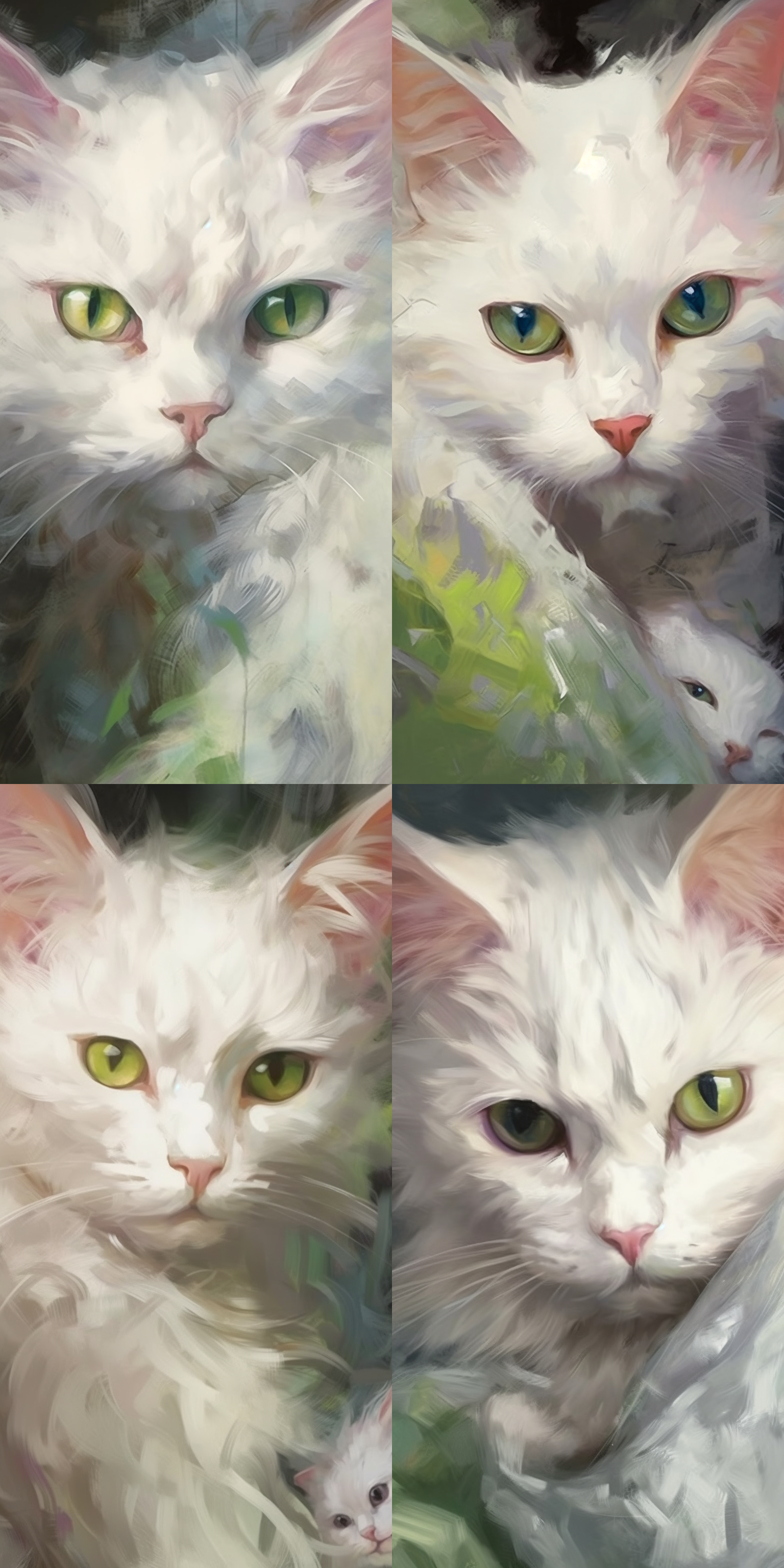 白色猫咪，油画质感，细腻描绘，毛发根根分明，亮绿色眼睛，生动表情，温馨氛围，特写镜头，柔和光线，抓拍，温暖色调。