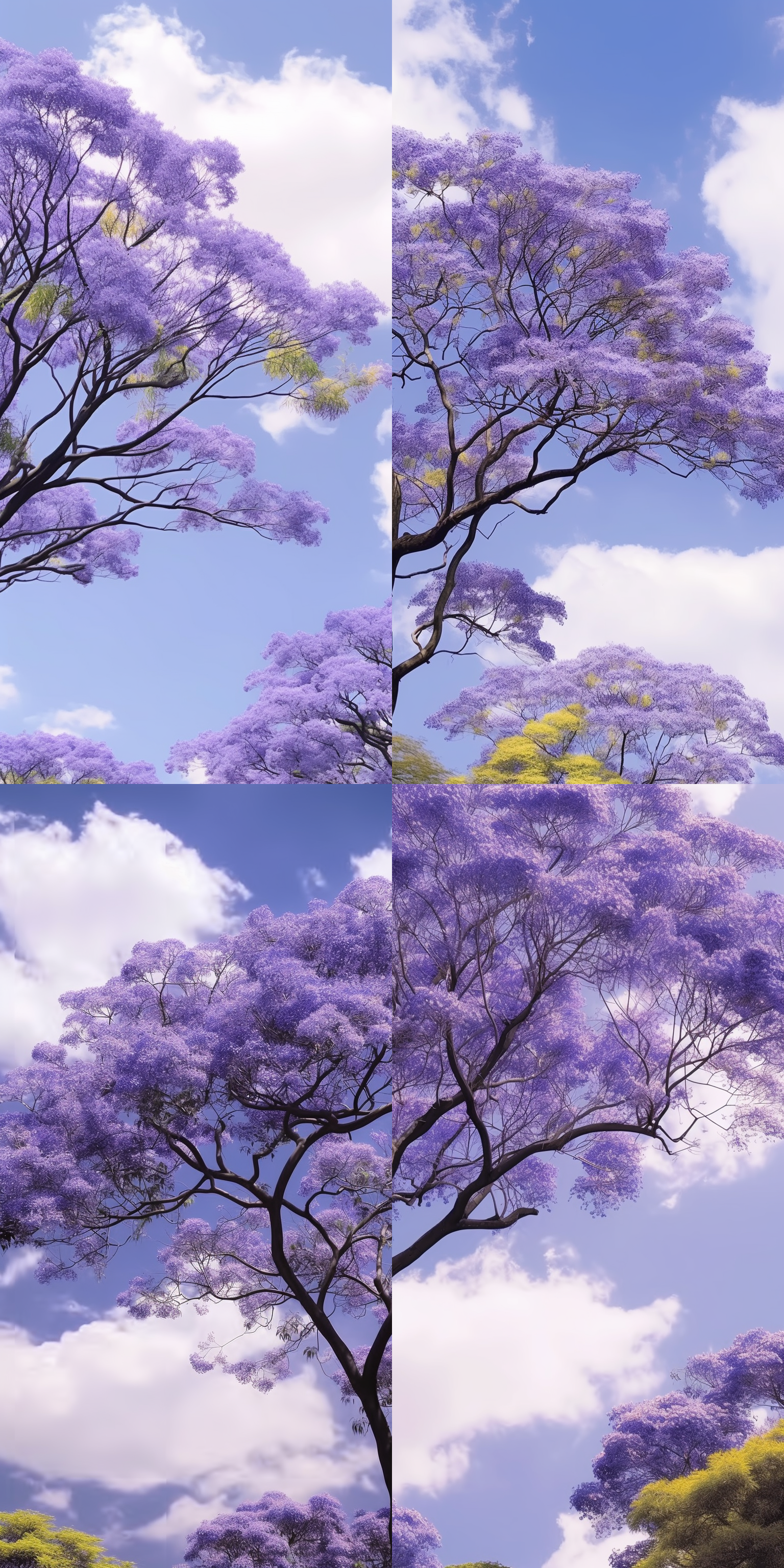 蓝花楹树，细节描绘，紫色花朵，树冠形状，天空背景，紫色云彩，艺术处理，色彩丰富，光影效果，自然风光，植物主题，静态美感。
