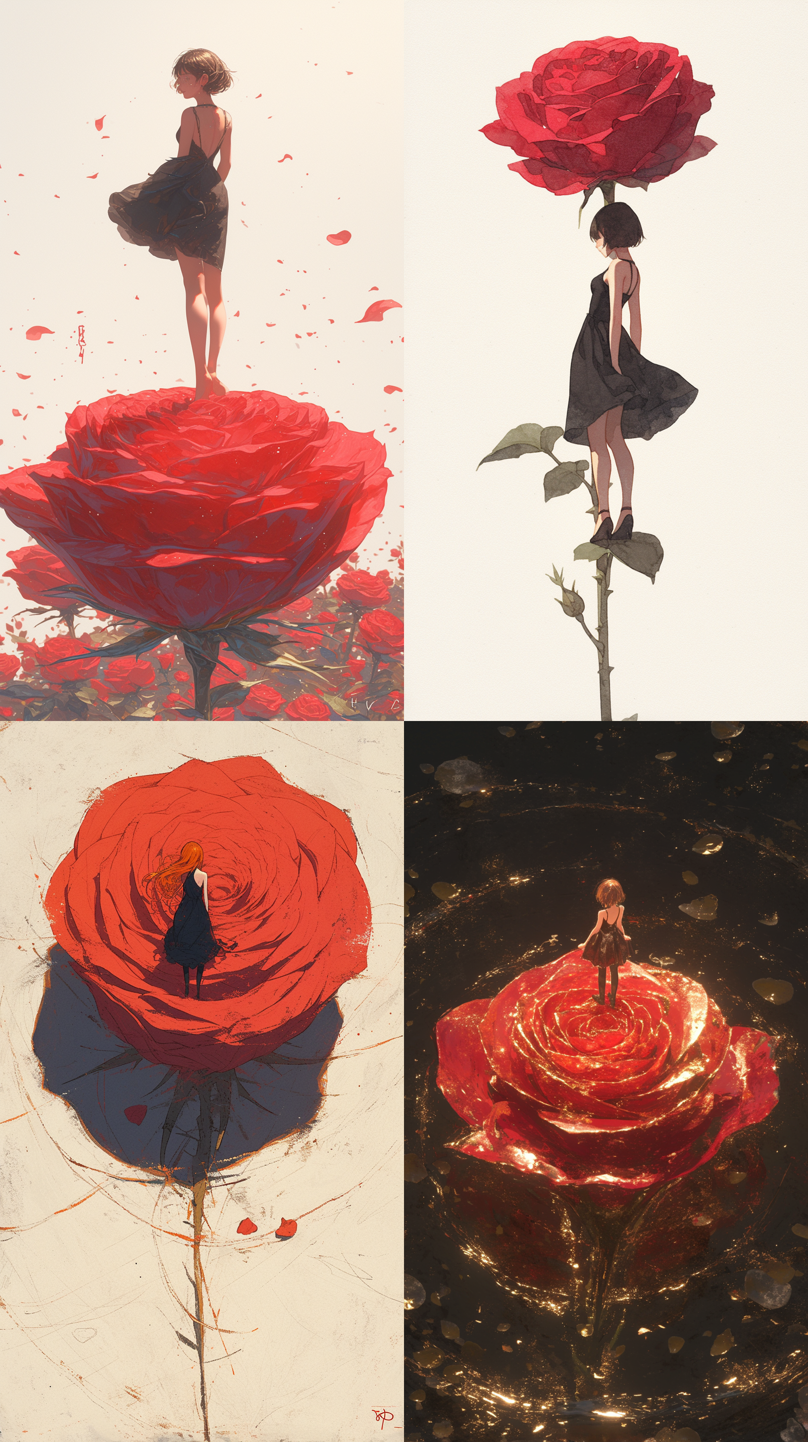 watercolor painting,bird view,full length shot，一朵盛开的巨大的红玫瑰，一位少女站在花蕊上，穿着黑色高定露背礼服，虚幻引擎渲染，线条轮廓清晰，细节丰富精致，梦幻般的氛围，极高清，32k，自然光影