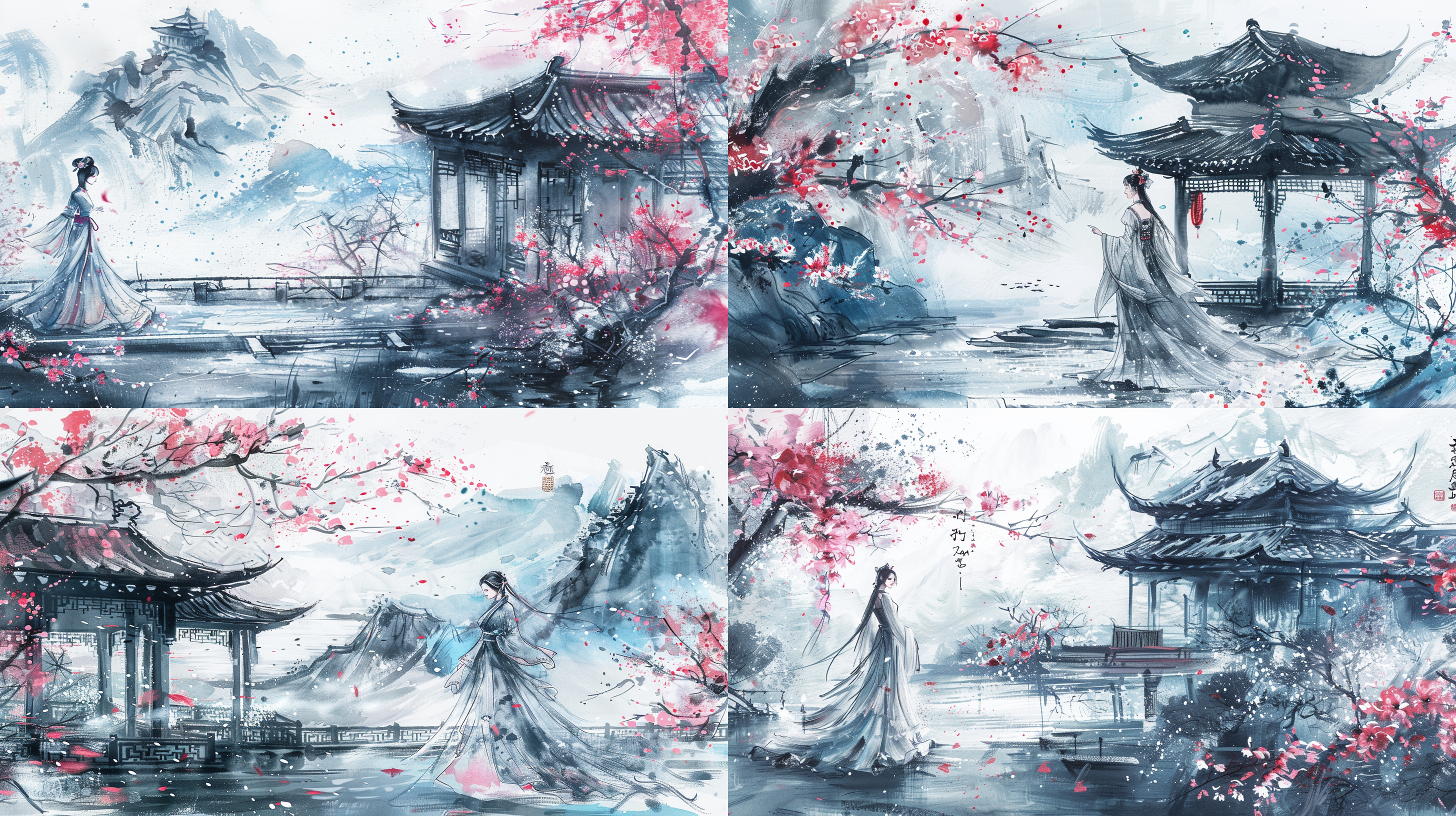 3d盛装美女，在水榭舞蹈 中国水墨 工笔画 国画