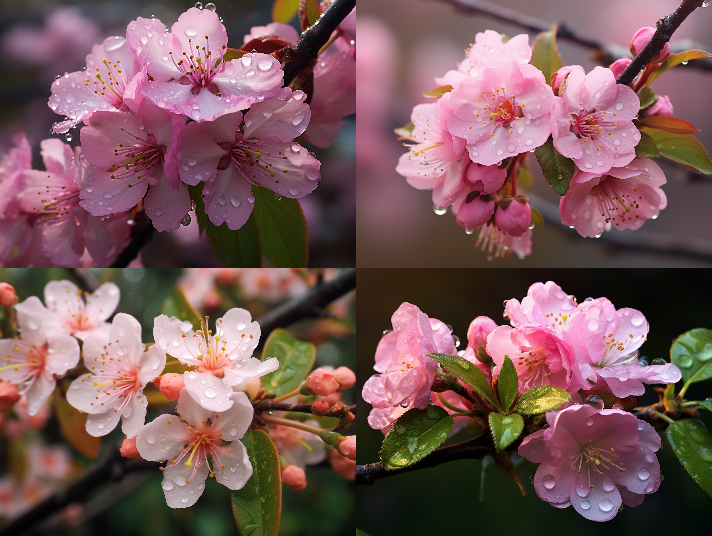 粉色花朵，海水深度花瓣，清晨露珠心脏，绿叶，粉色桃花，忠诚纯洁，高清晰度，竖屏 9:16，柔焦，微距镜头，自然光，静态，浪漫情感。