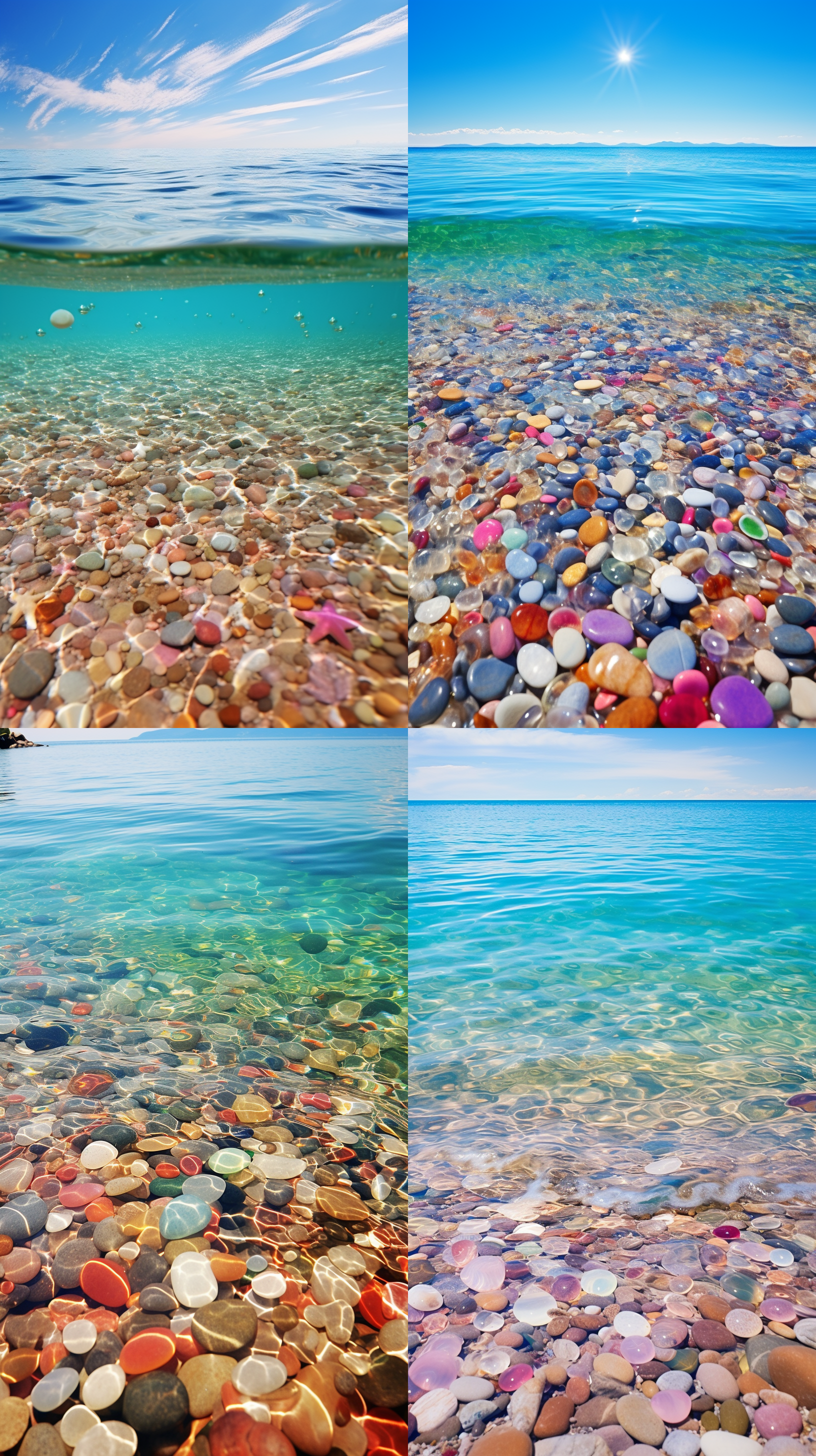 海滩，多彩海水，闪光石头，耀眼光影，生动色彩，明亮光线，全景摄影，精致构图，梦幻效果，超细，超清晰，超高分辨率，超高质量，超高细节，32k，梦幻风格。