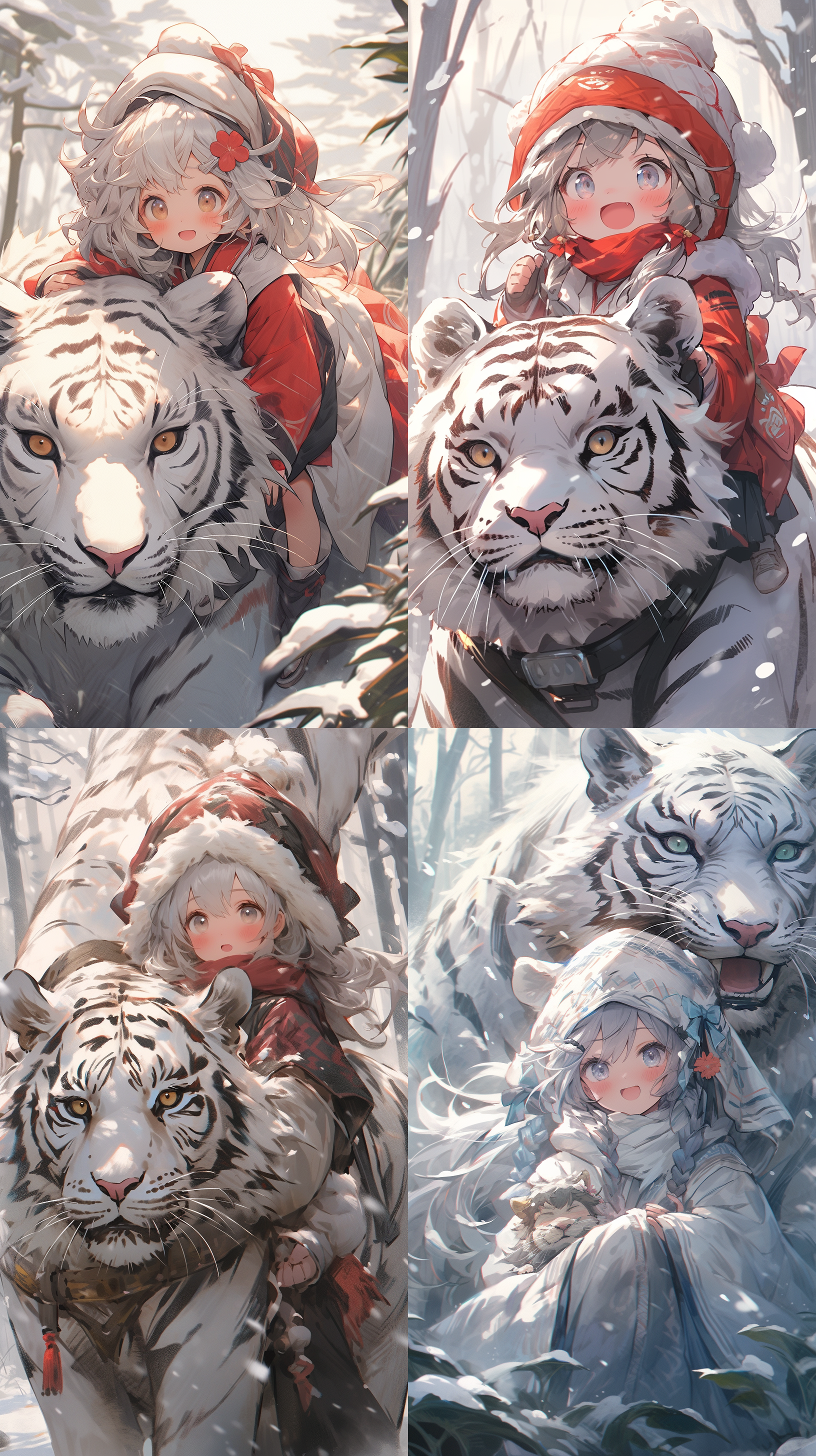 在暴风雪下的树林里，一个穿着斗篷的可爱小女孩骑着一只巨大的白虎，可爱