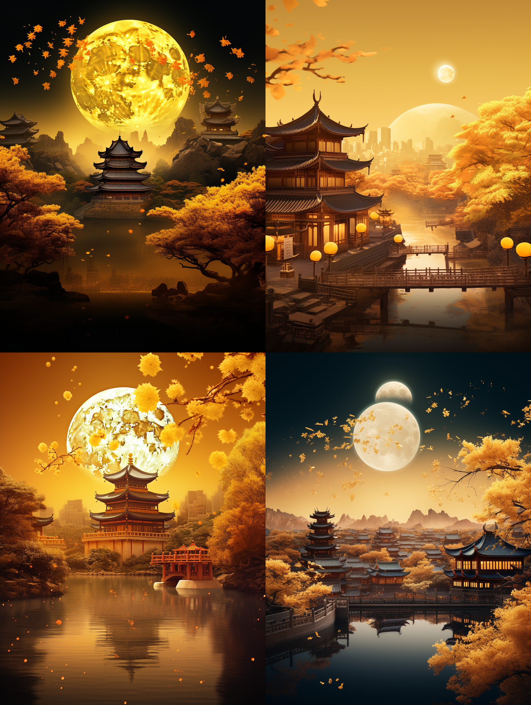 商业拍摄，黄色调，中秋节，月亮，展台，展位拍摄，紫禁城建筑，海报，新鲜风格背景，中国风格，山水画，吸引人，真实色彩，超高清，竖构图，750像素，f/5.2，中焦距，明亮照明，端庄表情，神秘情绪。