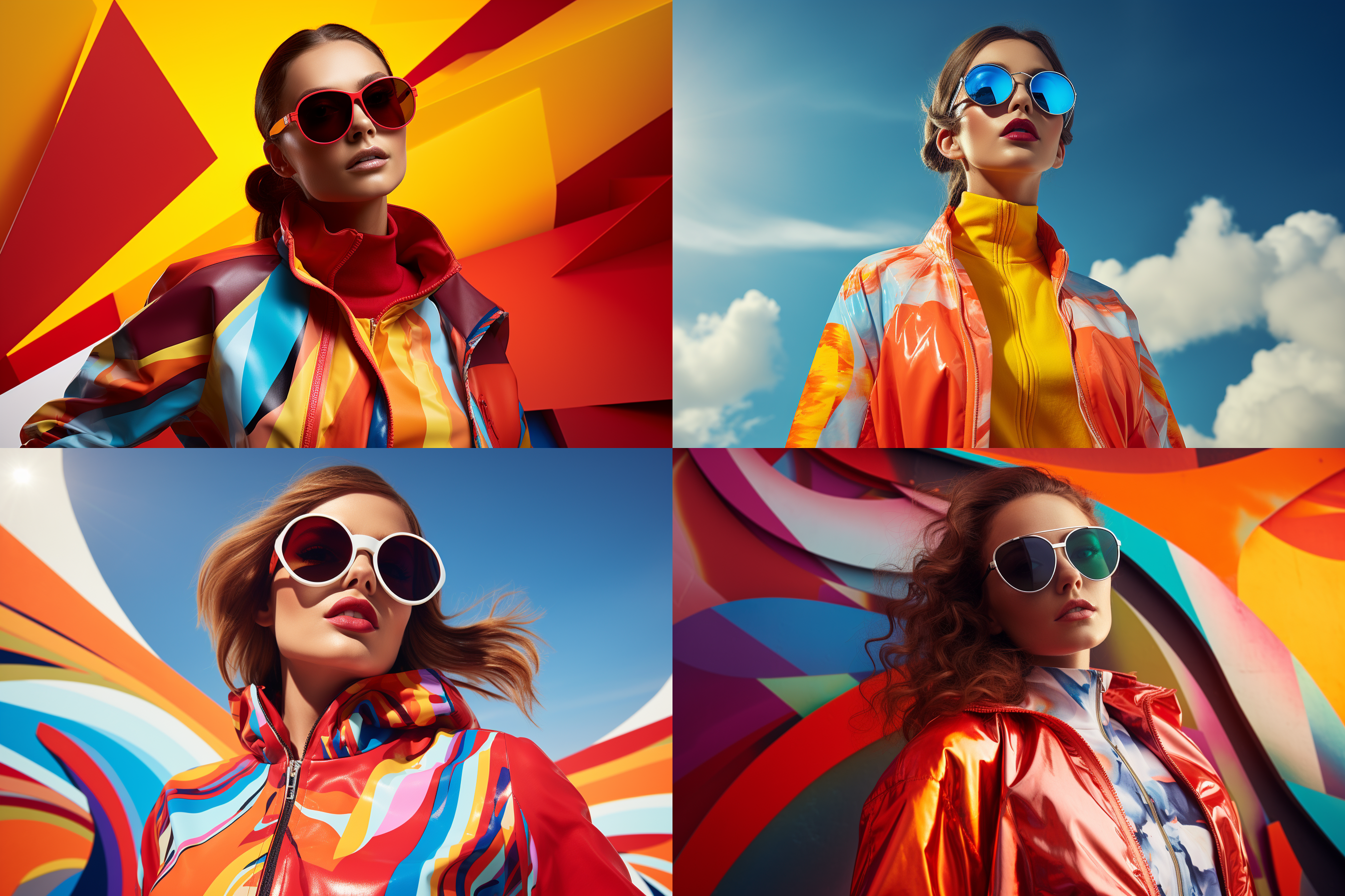 时尚设计海报，抽象背景，明亮色彩，创意bomber夹克服装，模特凝视镜头，室外拍摄，动态姿势，广角镜头，高饱和度，时尚风格，自信。