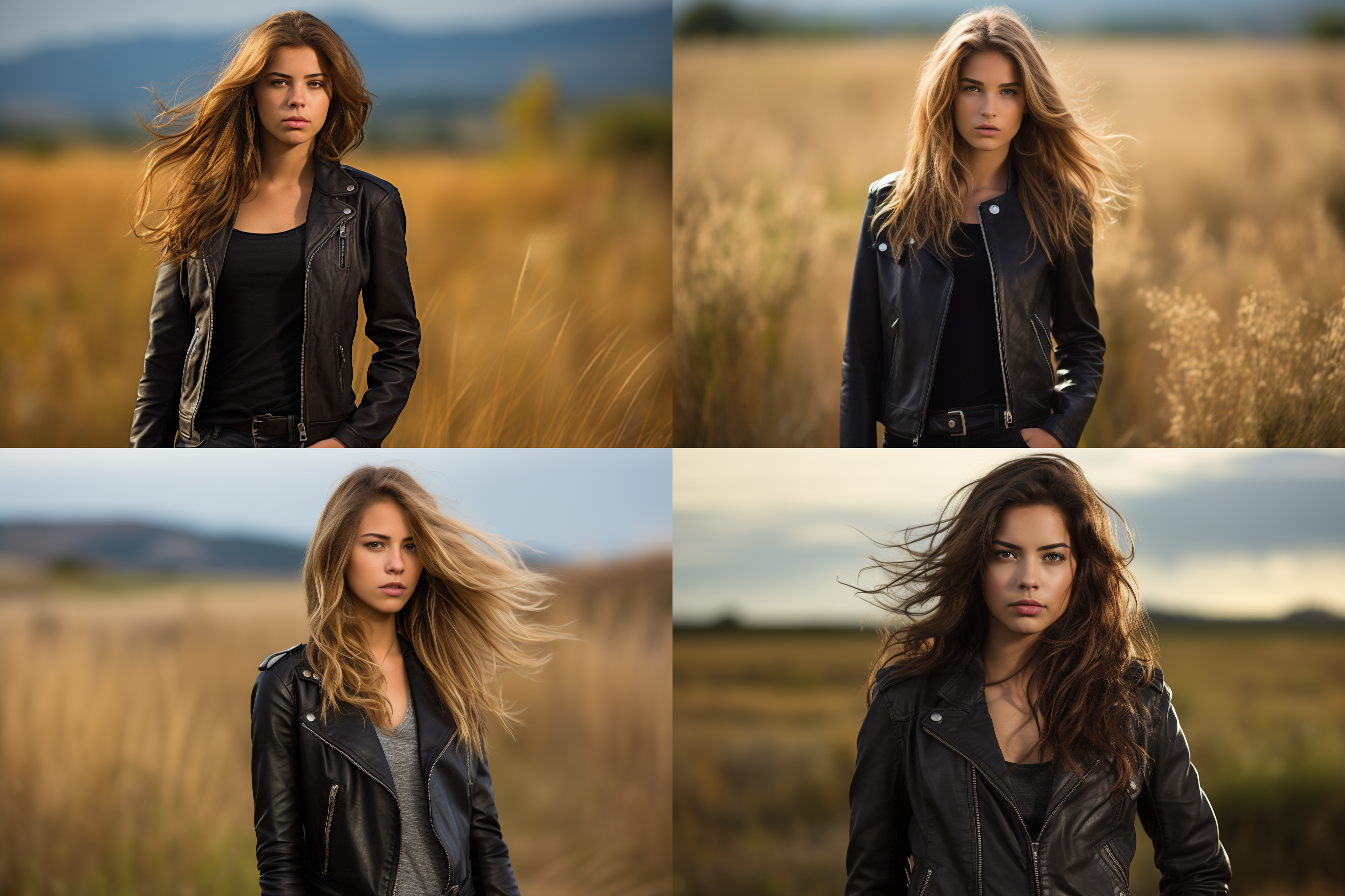 年轻长发女性模特穿着黑色真皮bomber夹克服装，时尚设计，户外背景，草原拍摄，动态姿势，全身图。高清晰度，自然光，中远景，大光圈，色彩鲜艳，自然表情，优雅。