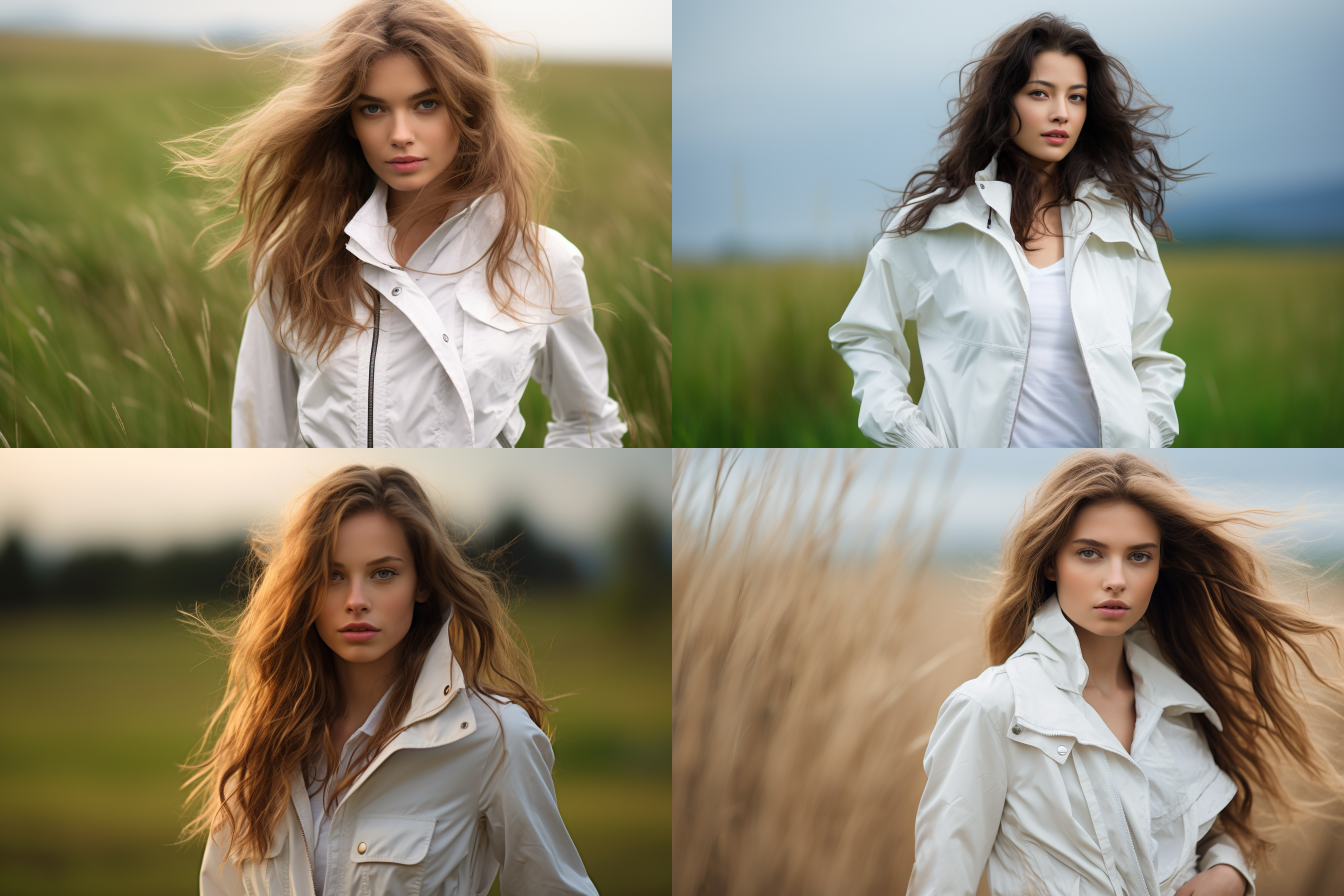 年轻长发女性模特穿着白色尼龙夹克，时尚设计，户外草原背景，细节清晰，动态姿势，全身图，高清晰度，自然光，中焦镜头，自然色调，优雅。