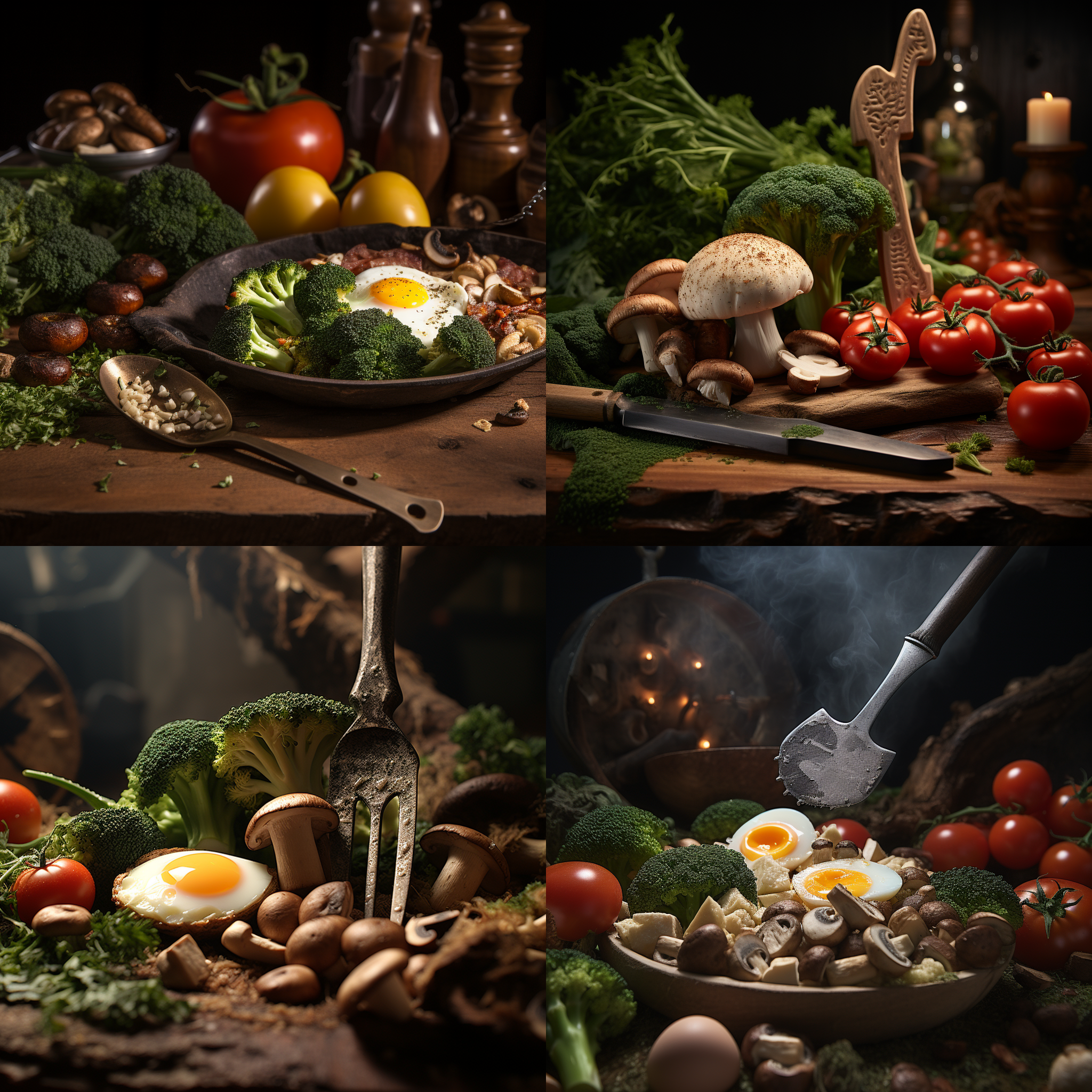 澳洲谷饲小战斧特写，旁边有煎蛋，意面，西蓝花，香菇，西红柿陪衬，西部风情，澳洲古寺小战斧产品突出，优雅，情调，8k，超清 oc渲染器 宣传海报 商场 厨房 特写 微距 氛围感照明 暖光 柔光 环境光 童话故事 乔治亚式 平面摄影