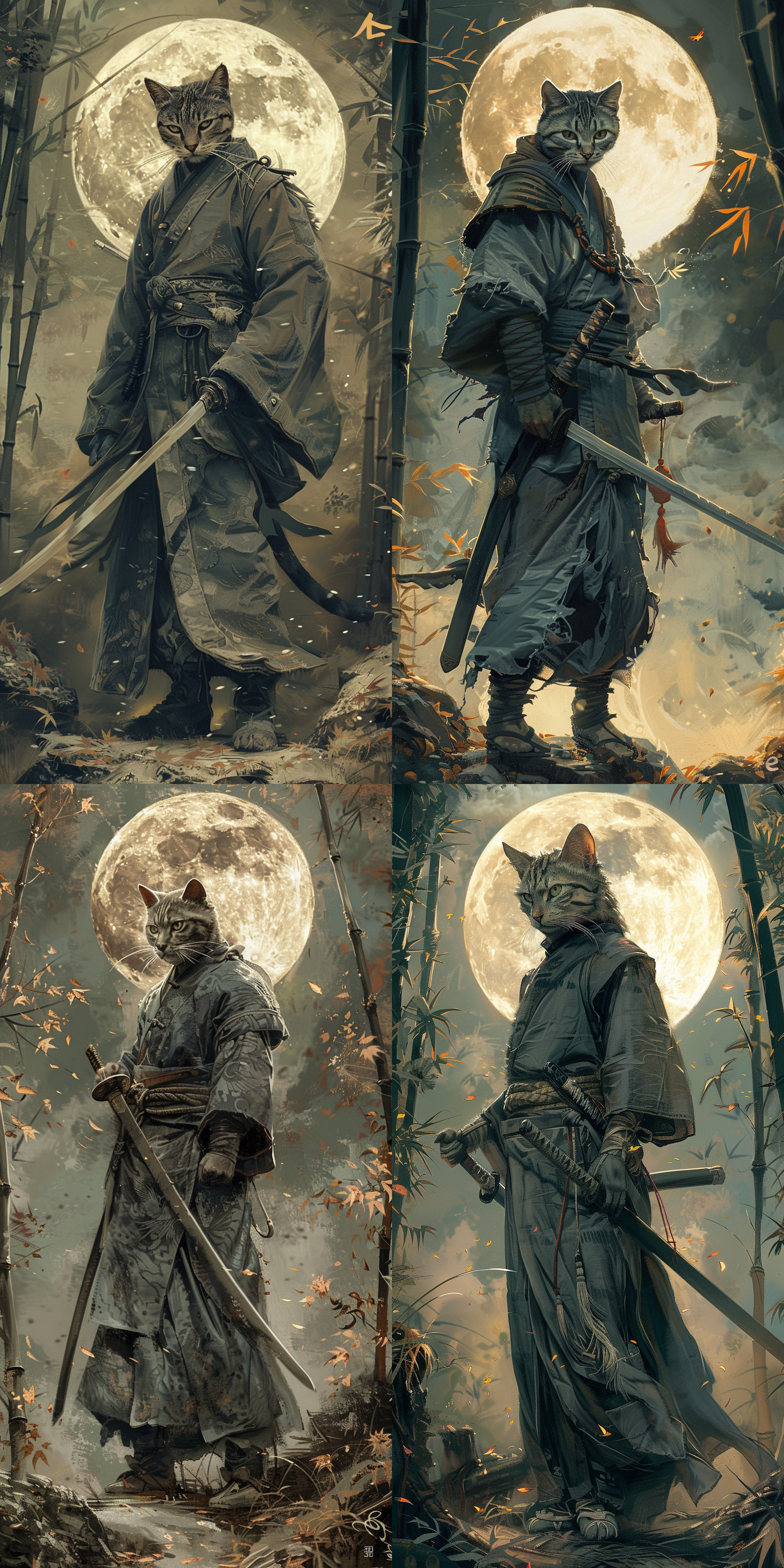 瘦削的银色虎斑猫，身穿灰色的汉服，手持长剑，站在竹林上，背后是巨大的满月 汉服 工笔画