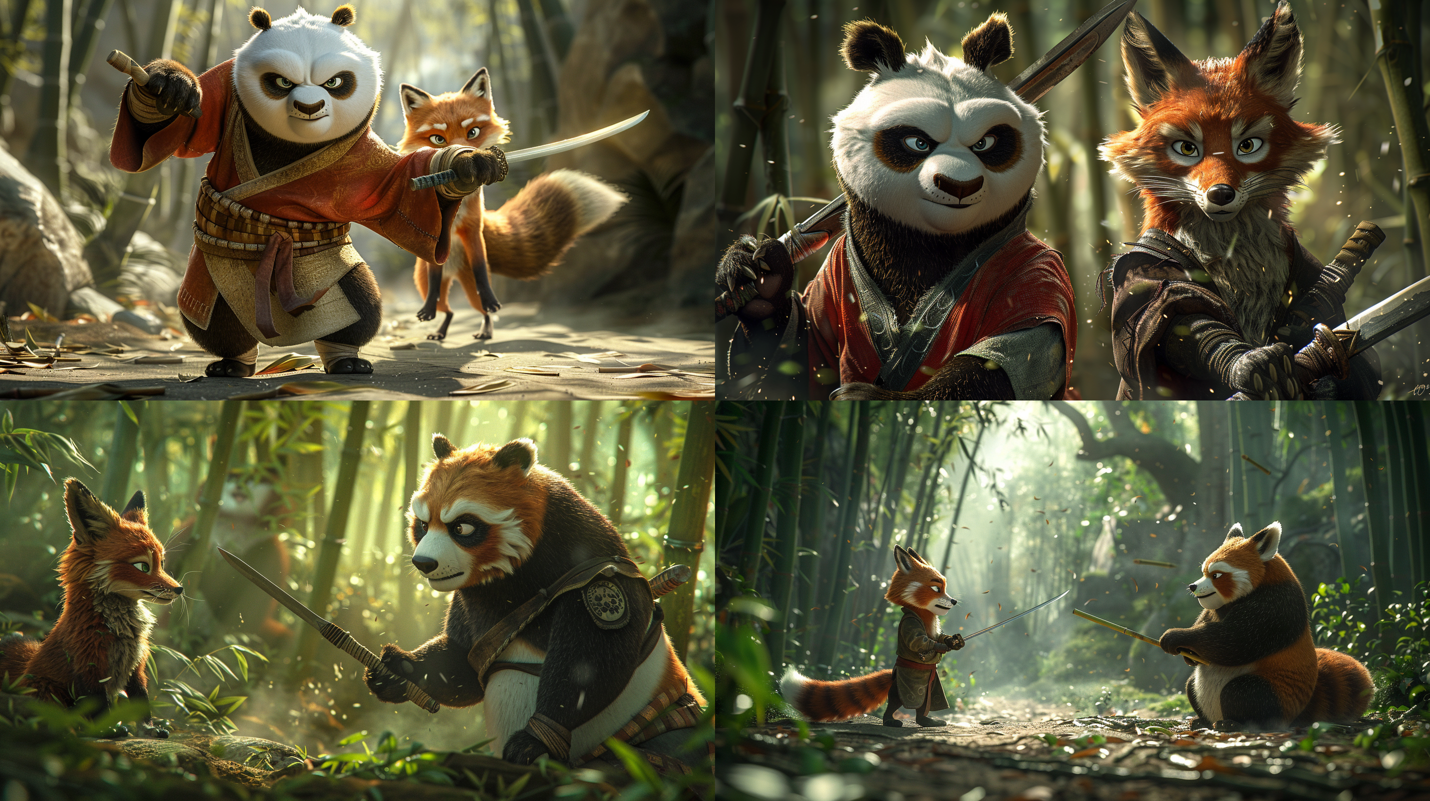 within the bamboo forest, a kung fu panda stands, gripping a sword, appearing behind a fox about to chop bamboo. the panda exudes a sense of martial arts prowess, ready for action. the panda’s fur is fluffy, contrasting with the sleekness of the sword, under the dappled sunlight filtering through the thick canopy of bamboo leaves, creating shadows and light play. the fox’s expression is focused and determined, showcasing its intent to cut down the bamboo.