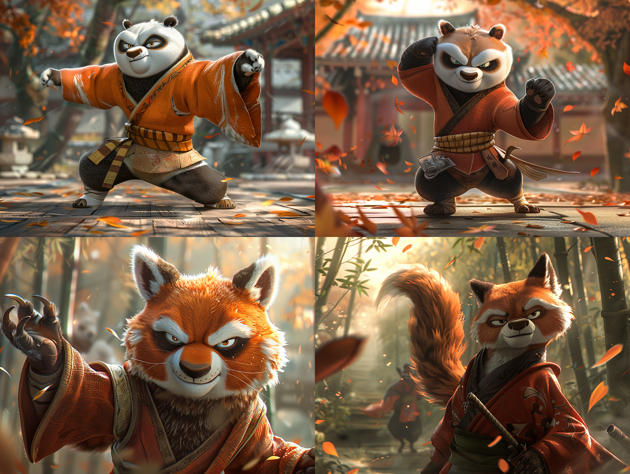功夫熊猫，竹林中，一头狼倒地，展示了专业的武术动作，脸上的凶猛决心，阳光透过树冠过滤，营造出戏剧性的灯光效果，动态构图专注于动感十足的时刻。快门速度快，高速动作，追踪对焦，正面光源，饱和色调，紧张，动感十足。