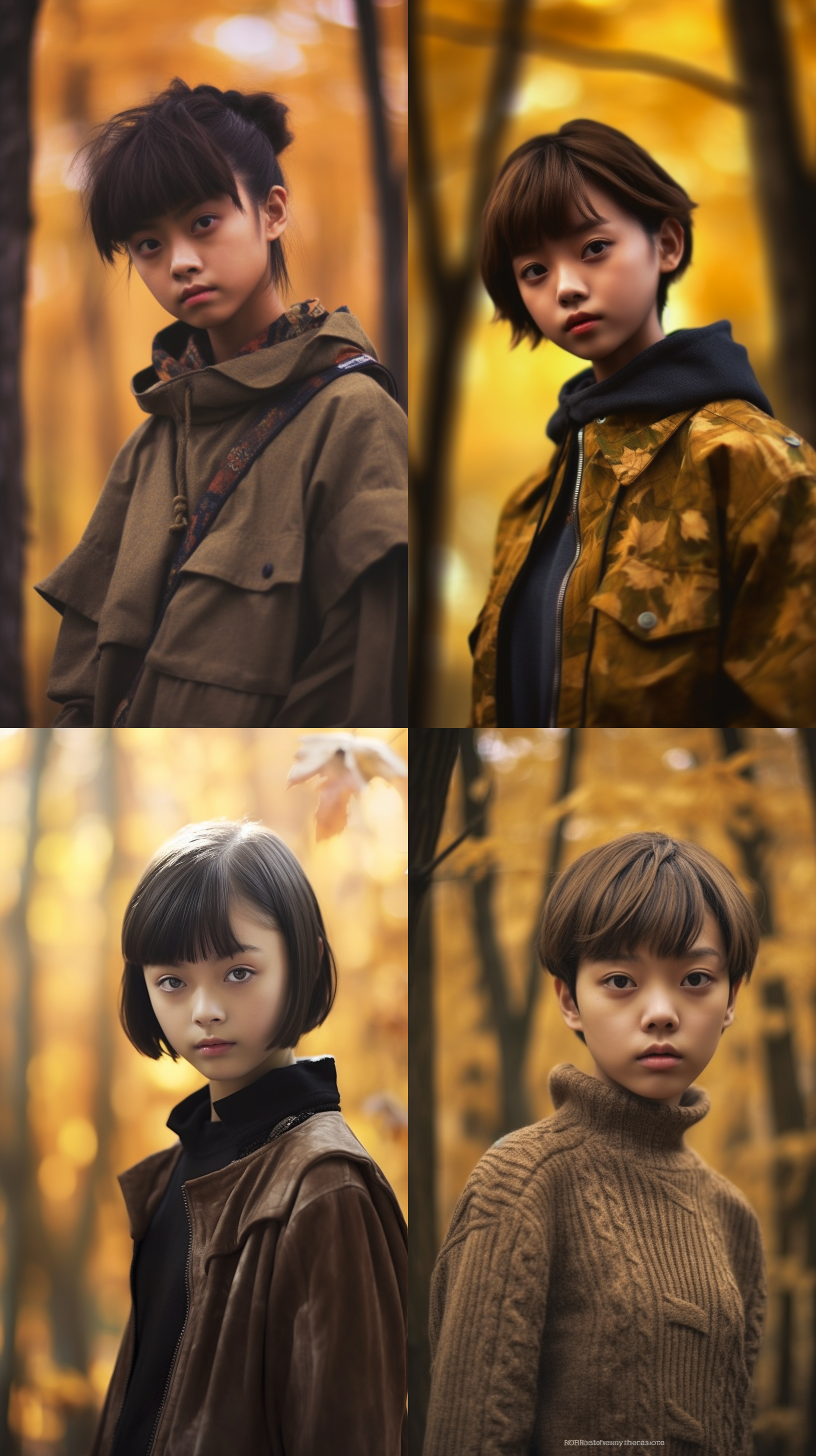 12-year-old chinese short haired girl, portrait shot, maple forest background,,in clothes