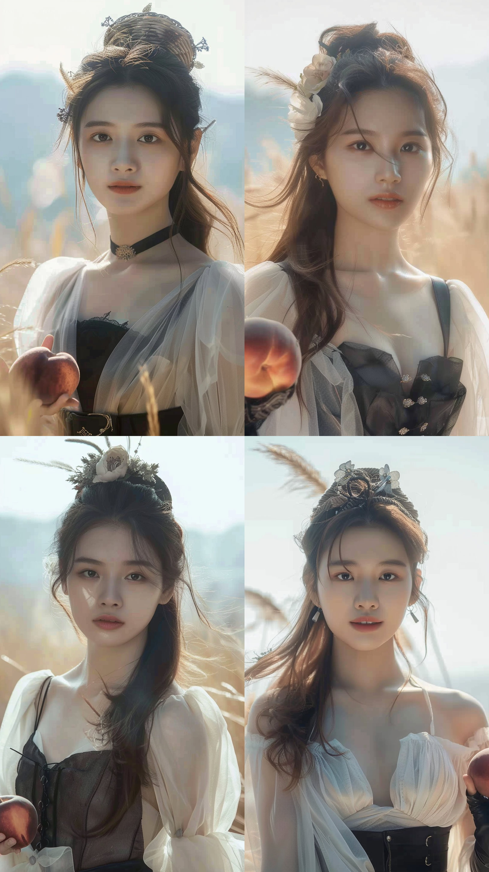 美女在大草原，穿着白色纱裙，戴着花篮帽，自然光线，柔和色调，环境肖像，中景构图，微笑，自然动作，风吹动长发，温暖情感。手里拿着一颗红色的大水蜜桃，水蜜桃红润水灵灵。草原风光，肖像摄影，自然光，柔焦，中景，微笑，自然动作，长发飘逸，水蜜桃色调，温暖情感。