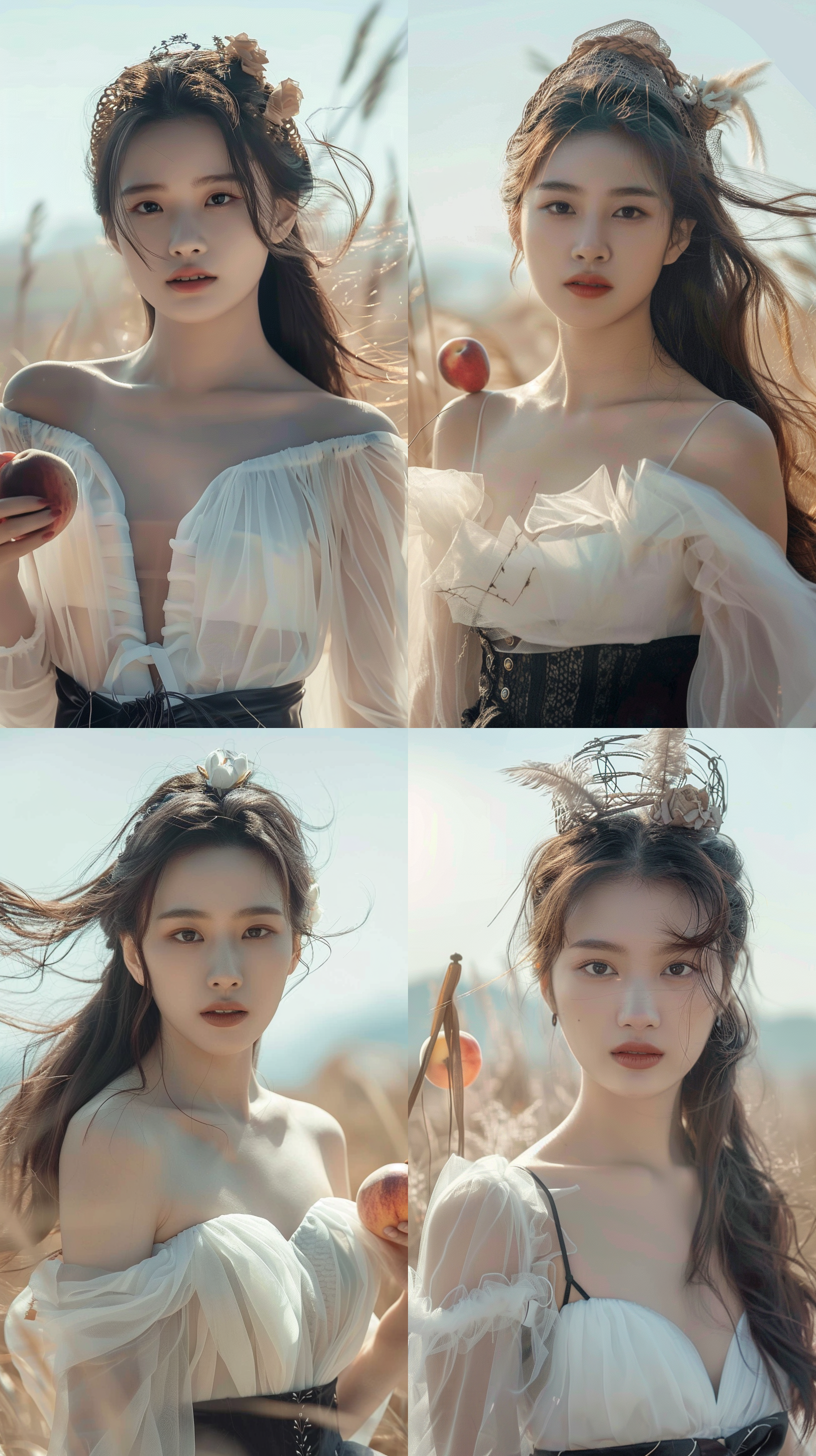 美女在大草原，穿着白色纱裙，戴着花篮帽，自然光线，柔和色调，环境肖像，中景构图，微笑，自然动作，风吹动长发，温暖情感。手里拿着一颗红色的大水蜜桃，水蜜桃红润水灵灵。草原风光，肖像摄影，自然光，柔焦，中景，微笑，自然动作，长发飘逸，水蜜桃色调，温暖情感。