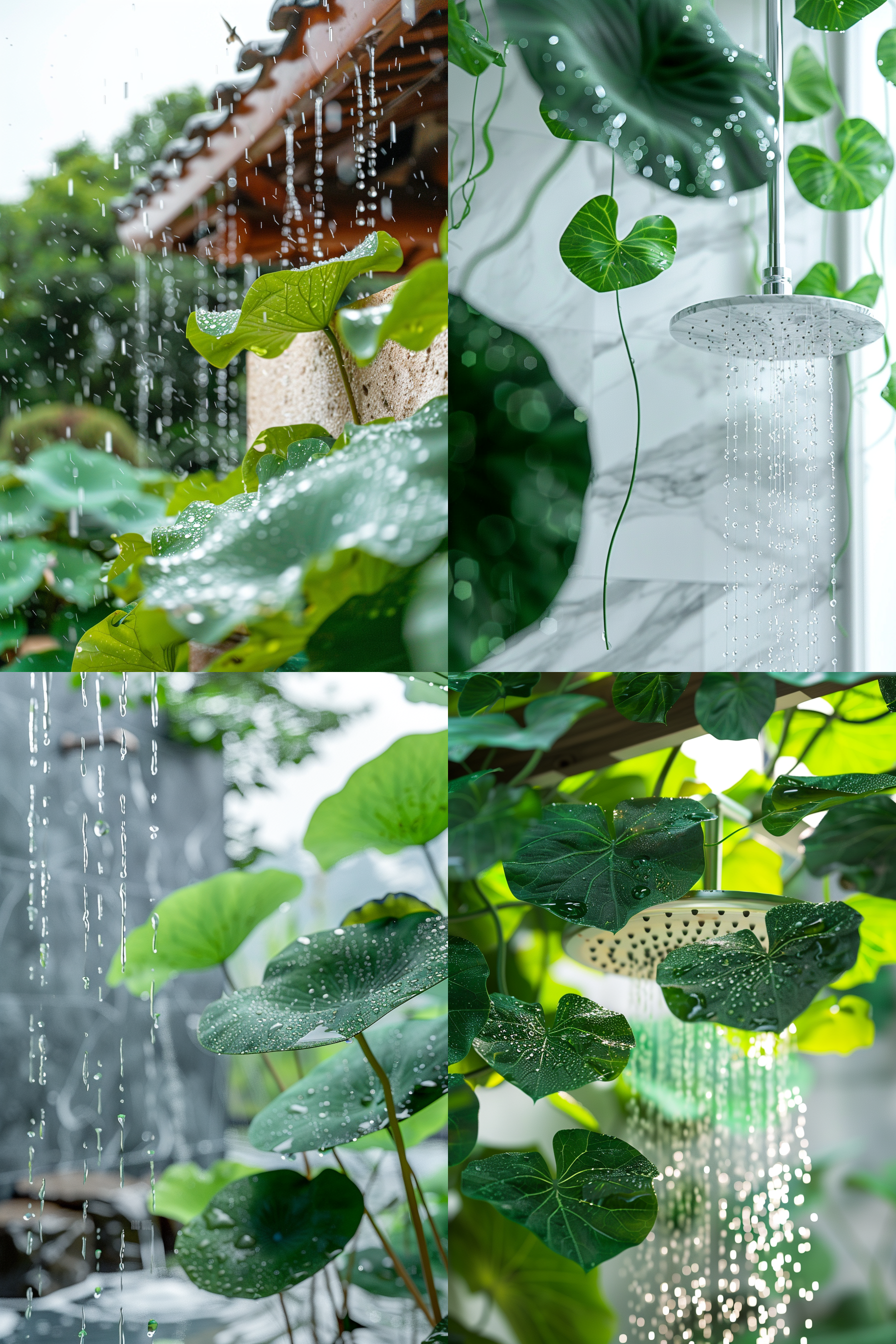 一张中国二十四节气，谷雨，整体与谷雨氛围贴合，展现一个大理石墙壁挂着花洒特写，整体显得空旷神怡然，，旁边有几片很大绿叶，打满水珠，天空中一两只燕子翱翔，下着小雨，绿色田园风格，极致简约，广角镜头，空旷感，色彩鲜明的元素与自然景观相得益彰，营造出宁静和平静的氛围， 电影灯光,8k,超清 oc渲染器 热带雨林 杂草丛生 虚化 超广角 丁达尔效应 斑驳光线 日式园林 园林 荷花 世外桃源