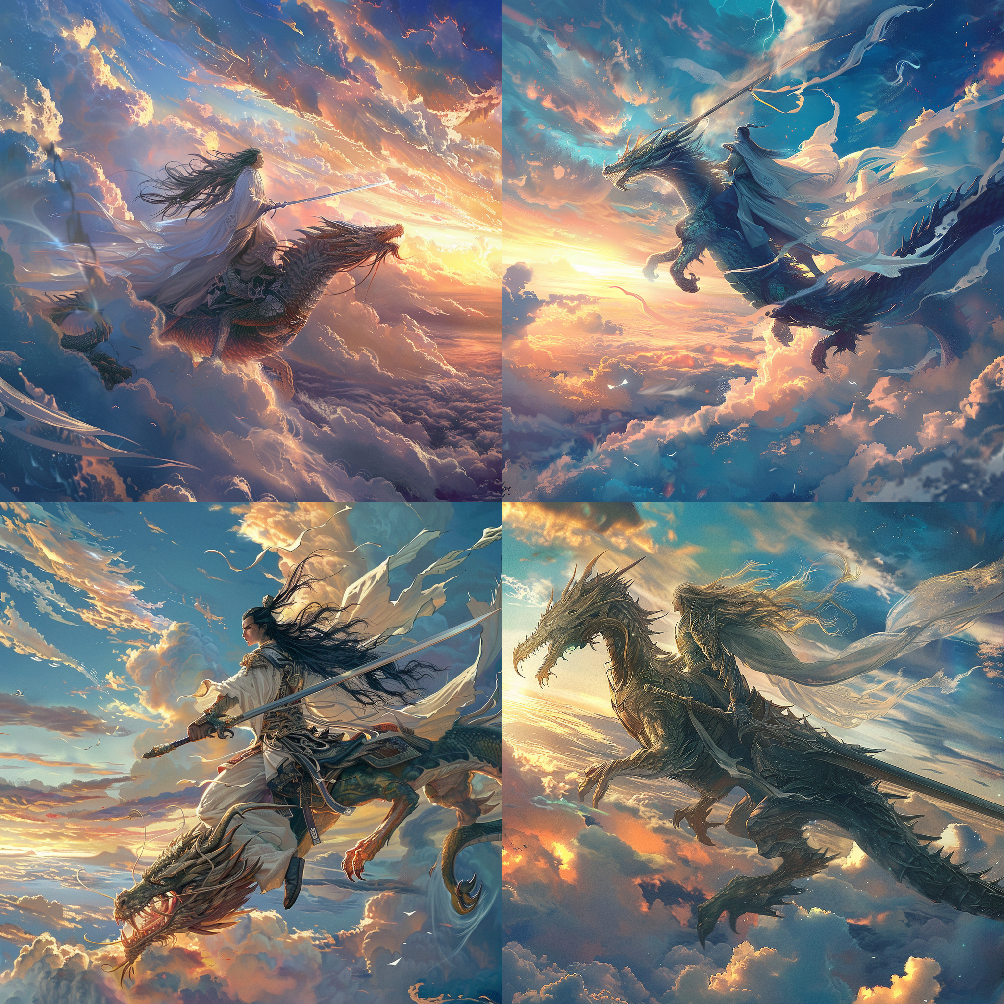 古代男子，长发飘逸，背把宝剑，域控飞行，独立空中，白云，巨龙，清晰度高，高分辨率。夕阳下，男子骑在巨龙背上，背景是广袤的蓝天和白云。他长发飞扬，手握宝剑，展现出威严和力量。整个画面清晰度高，色彩鲜艳，给人一种壮丽的感觉。
