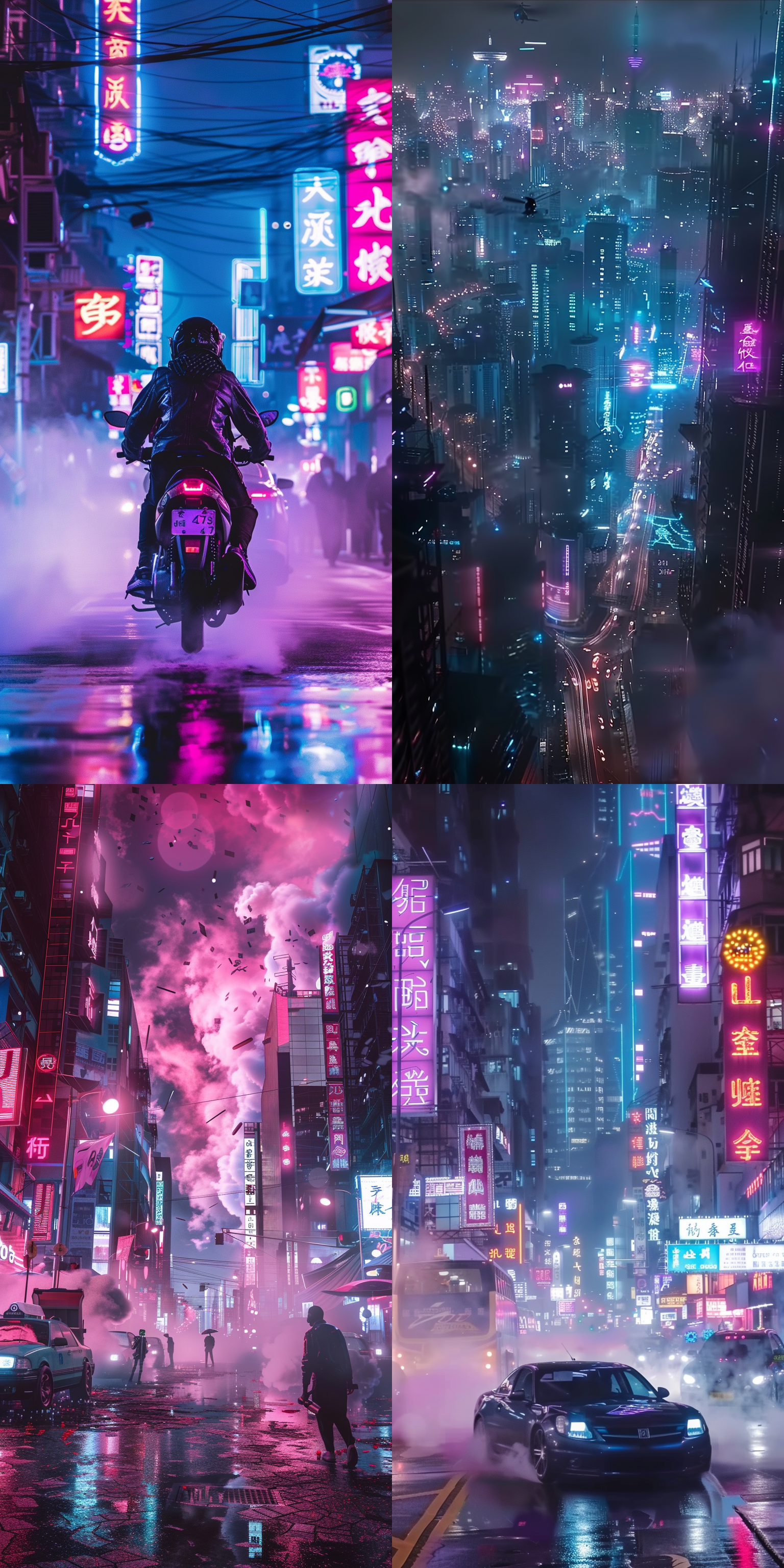 东方赛博朋克，高楼大厦，霓虹灯光，飞行汽车，机械装置，黑色皮衣，电子眼镜，烟雾弥漫，4k超高清画质，城市夜景，冷色调，未来感，神秘充满活力。