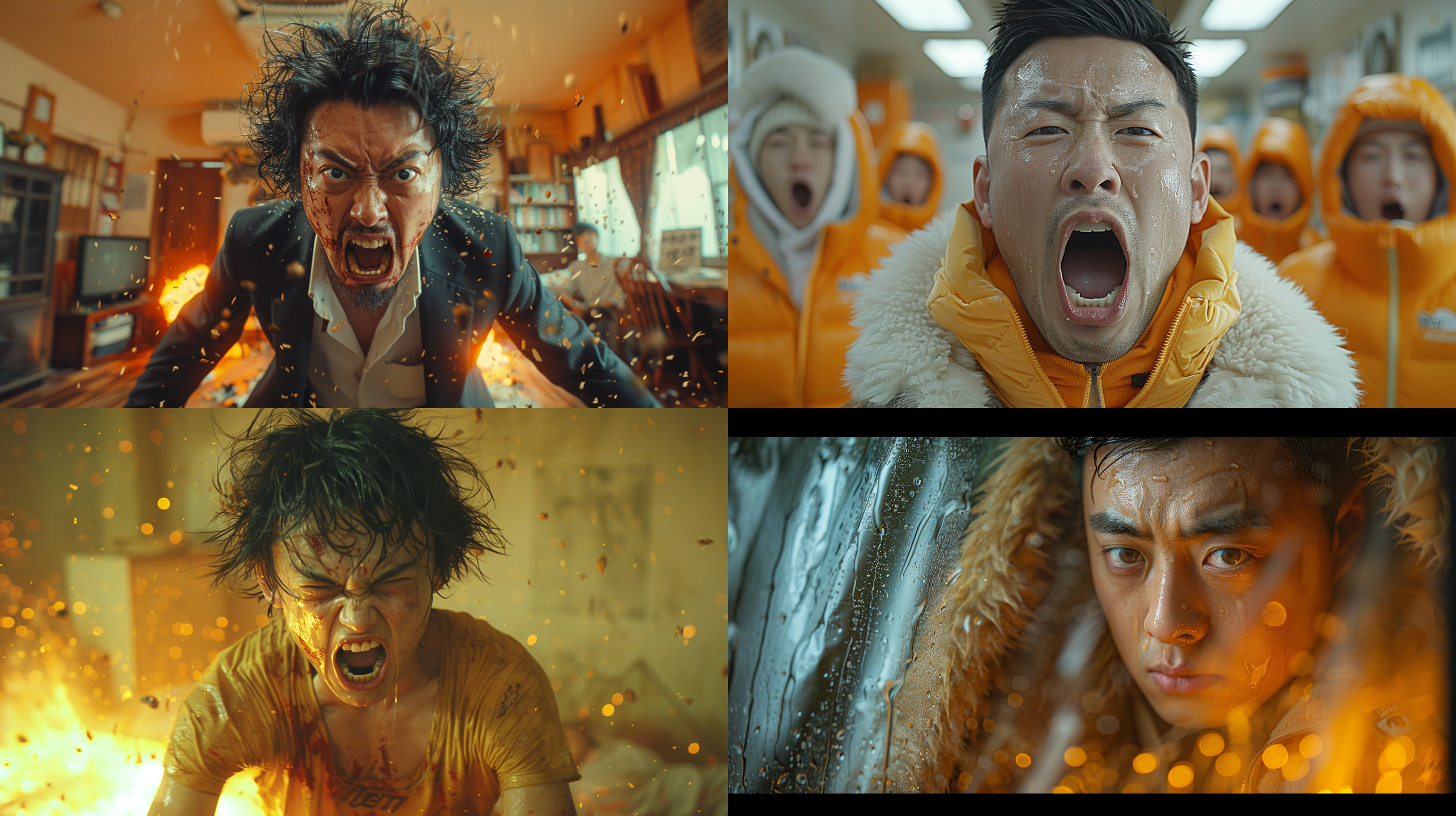 学生生气拆卸柜门，斜线构图，宿舍内，淡黄色调，标准镜头，室内光线，愤怒表情，拆卸动作，细节丰富，中国学生，橙色元素，愤怒情绪。