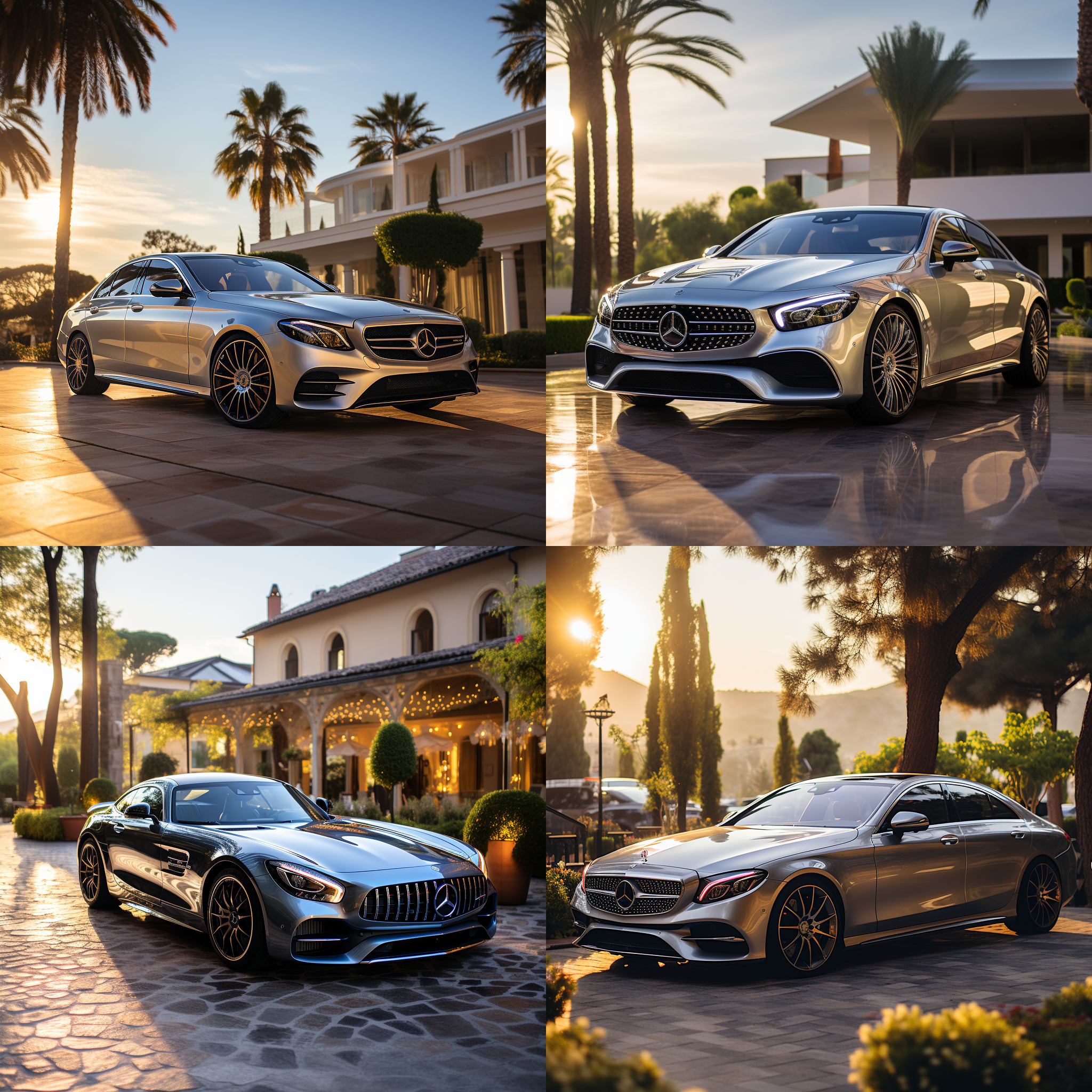 奔驰车停别墅门口，傍晚阳光，豪华氛围，宽广景深，金属质感，侧光打在车身上，高端外观设计，奢华装饰，银色车漆，品牌标志清晰，露天环境，尊贵。
