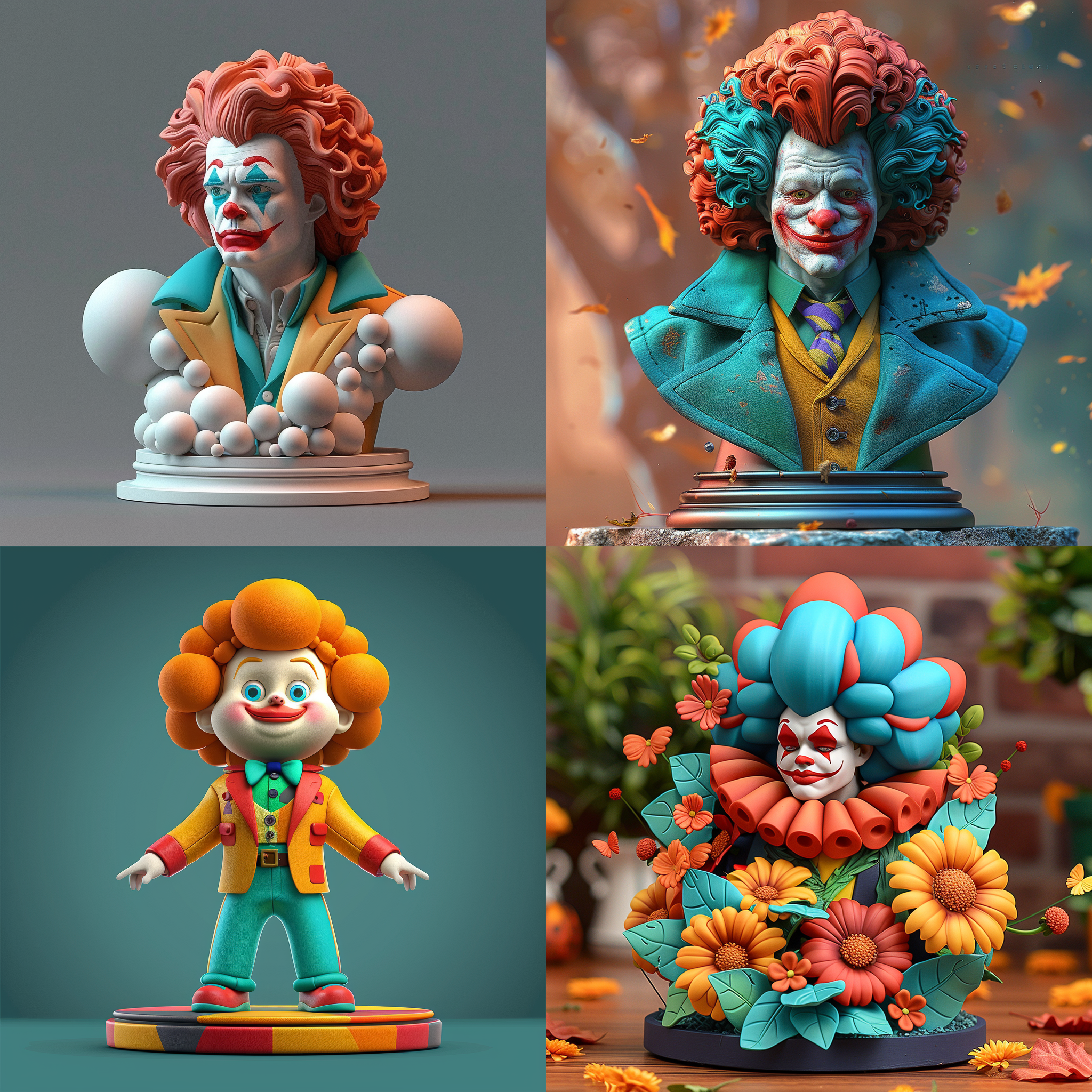 小丑元素ip形象，3d，单色背景，高清渲染