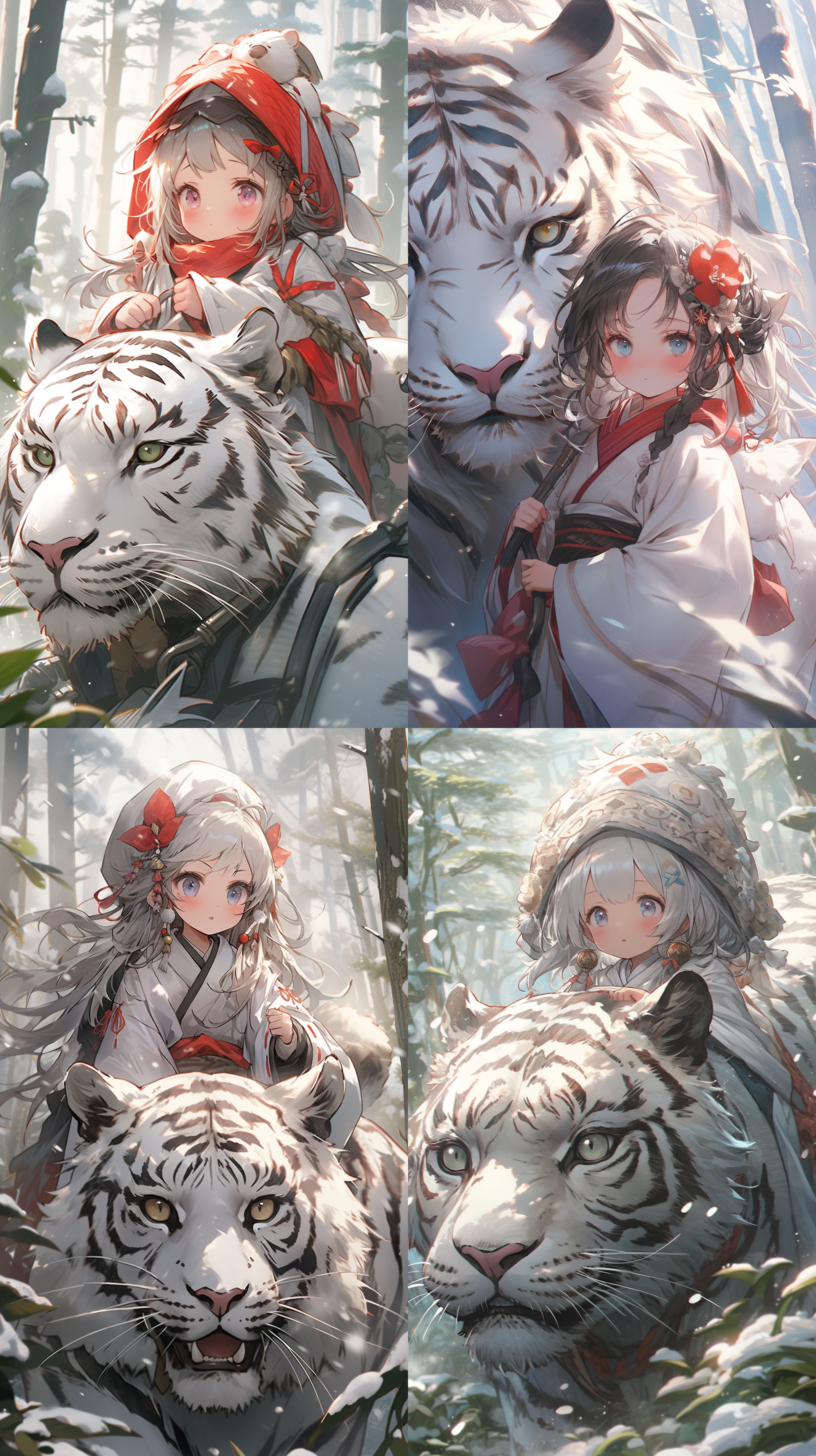 在暴风雪下的树林里，一个穿着斗篷的可爱小女孩骑着一只巨大的白虎，景色