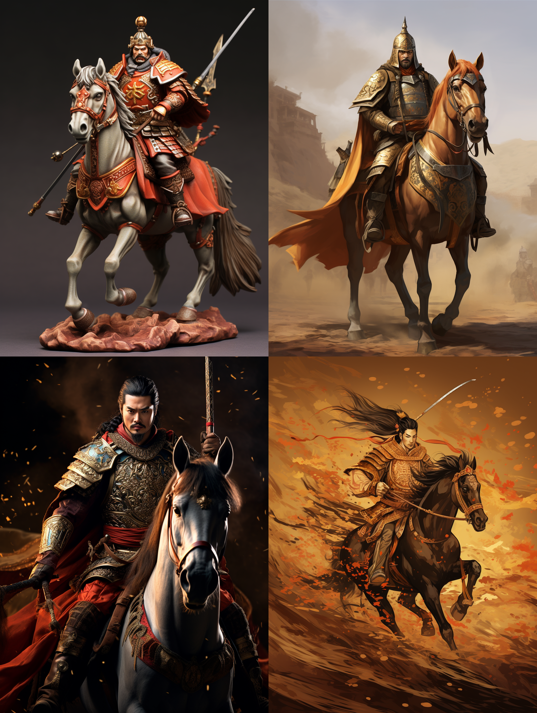 中国古代将军骑马，唐代服饰，铠甲长矛，优雅气质，写意风格，留白背景，细节展现，肖像构图，仇英风格，濡染效果，优雅聪明，ar 3:4