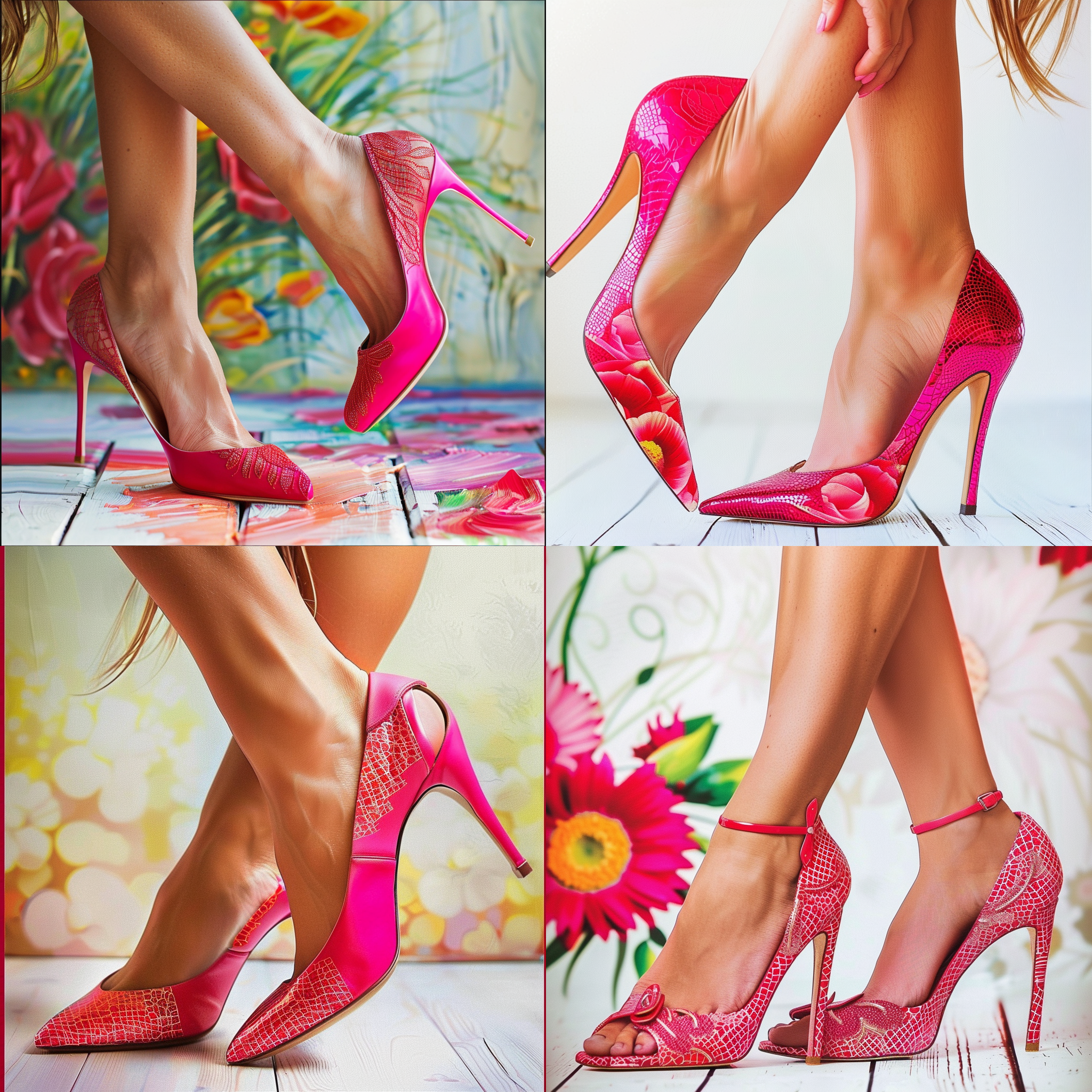 一双带有彩色高跟鞋的脚，白色背景上有脚和高跟鞋的线描图案，立体感强，adam saks的绘画风格，精确主义，图案描绘，线条艺术，明亮色调，简洁构图。