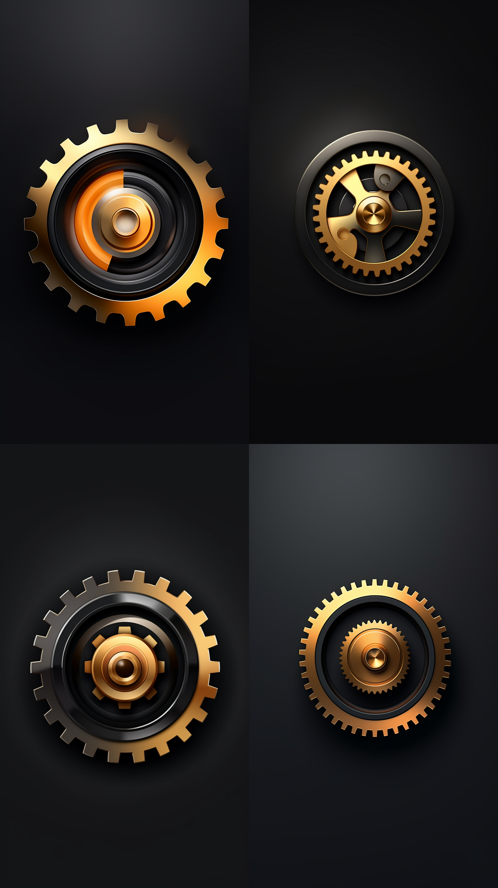 图标移轴，渐变的黑色和金色，明暗对比，透明的磨砂，3d图标渲染，转动的齿轮，干净背景，3d等距，砂玻璃，机械风格，极简主义
