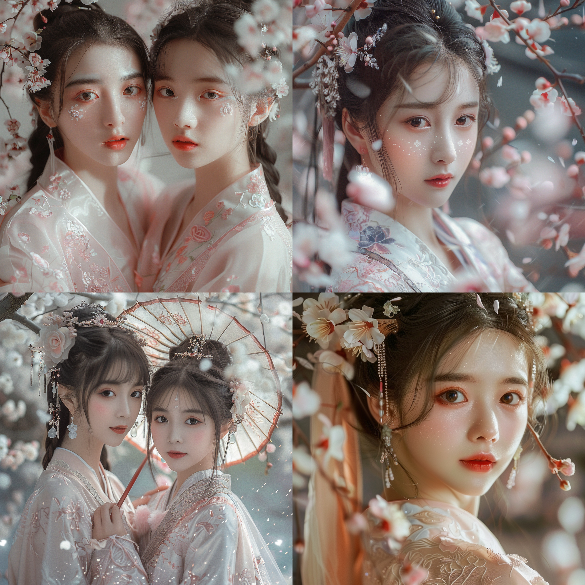 女生穿着汉服，水汪汪的大眼睛，高挺的鼻子，淡粉色的腮红，白皙的皮肤，细致标准的五官，花瓣飘落。唯美的国漫风格照片，4k超高细节展现。氛围感浓厚，营造出浓郁的国风氛围。