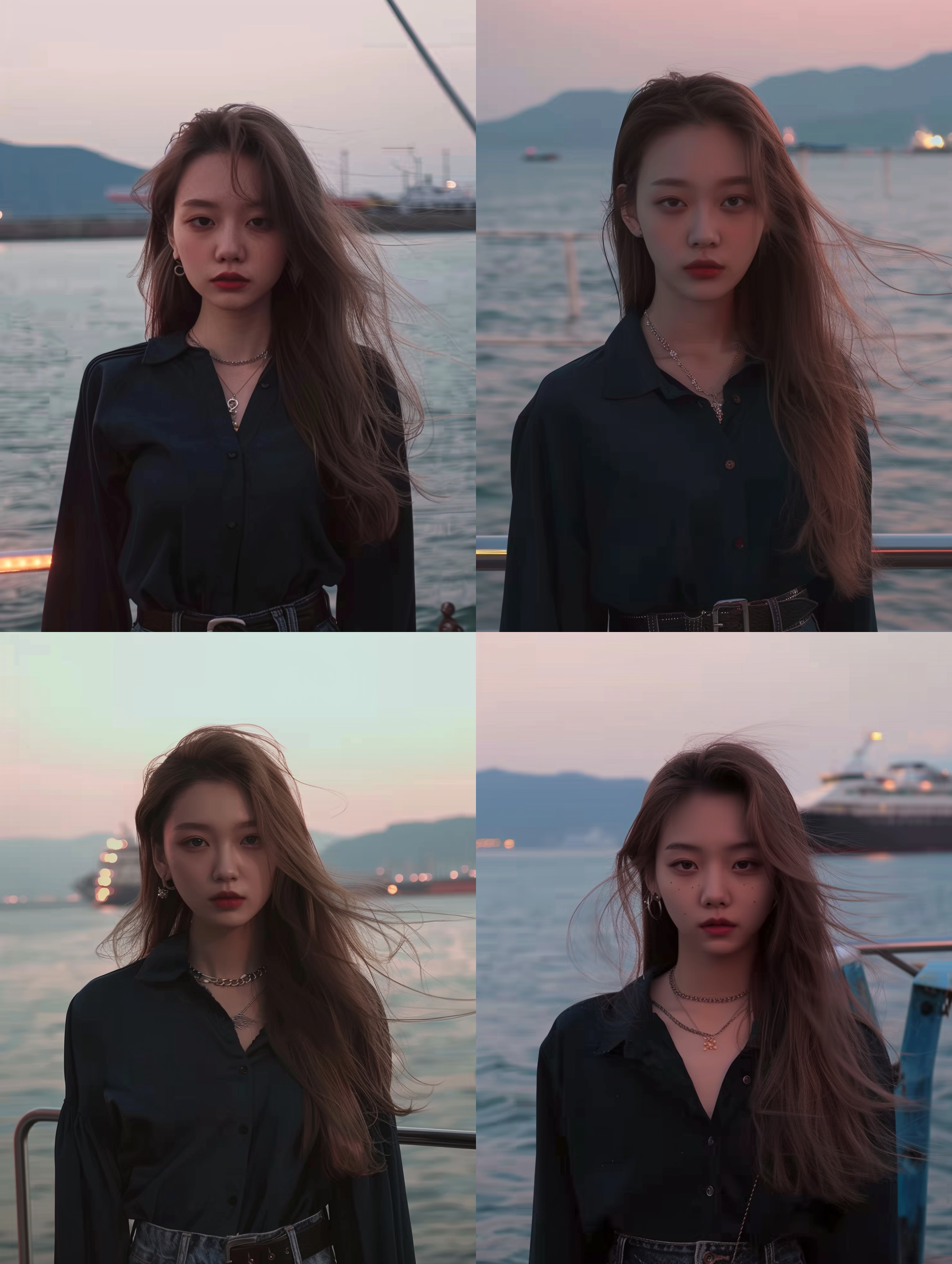 中国女孩，茶褐色长头发，黑色上衣，高鼻梁，精致五官，冷酷面容，海边背景，黄昏，冷色调，端庄优雅，柔和侧光，肖像模式。