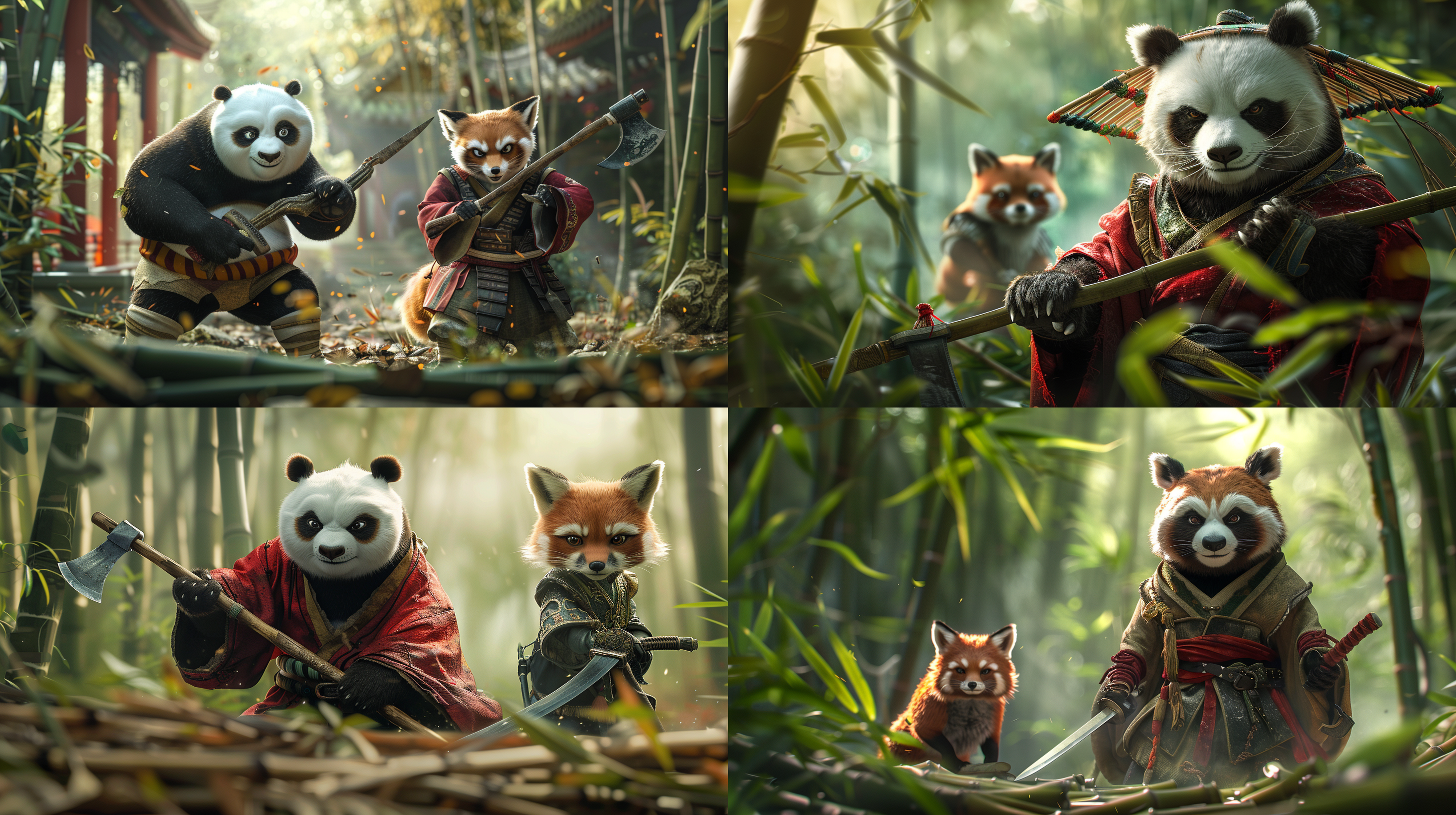 竹林中，熊猫，穿着侠客服，拿着宝剑，站在狐狸身后，狐狸拿着斧头，正在砍竹子，远景全身，3d。