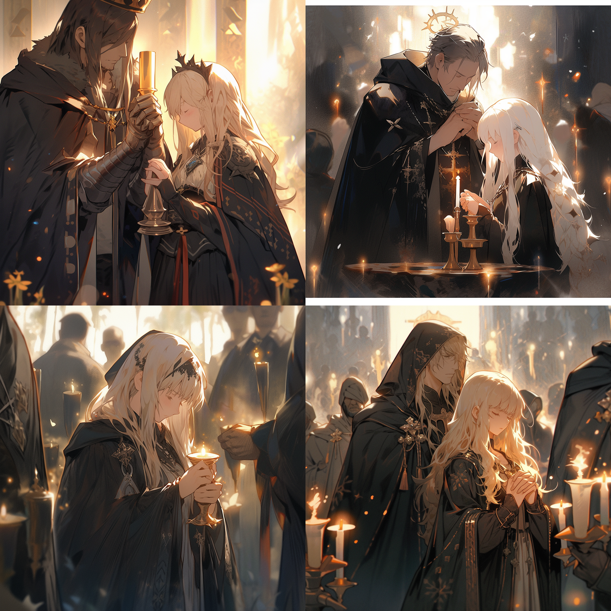 金发少女手捧圣杯，跪地祈祷，身后，高大的男子穿着黑色的斗篷，斗篷遮住了他的脸，背景：黑色的巨大十字架，散发金光，逆光，gekiga anime style，仰角，高质量，