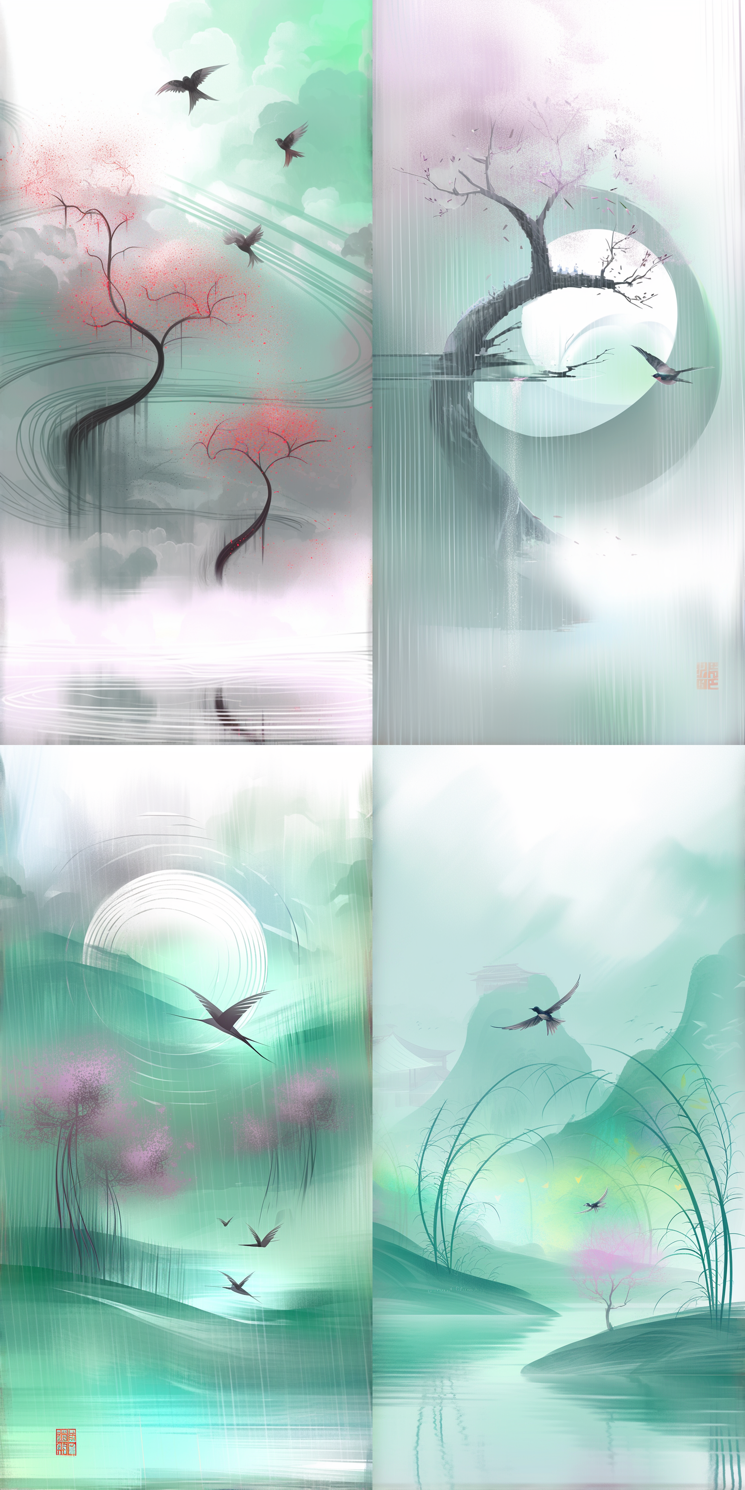 水墨风格，清明，燕子，柳枝