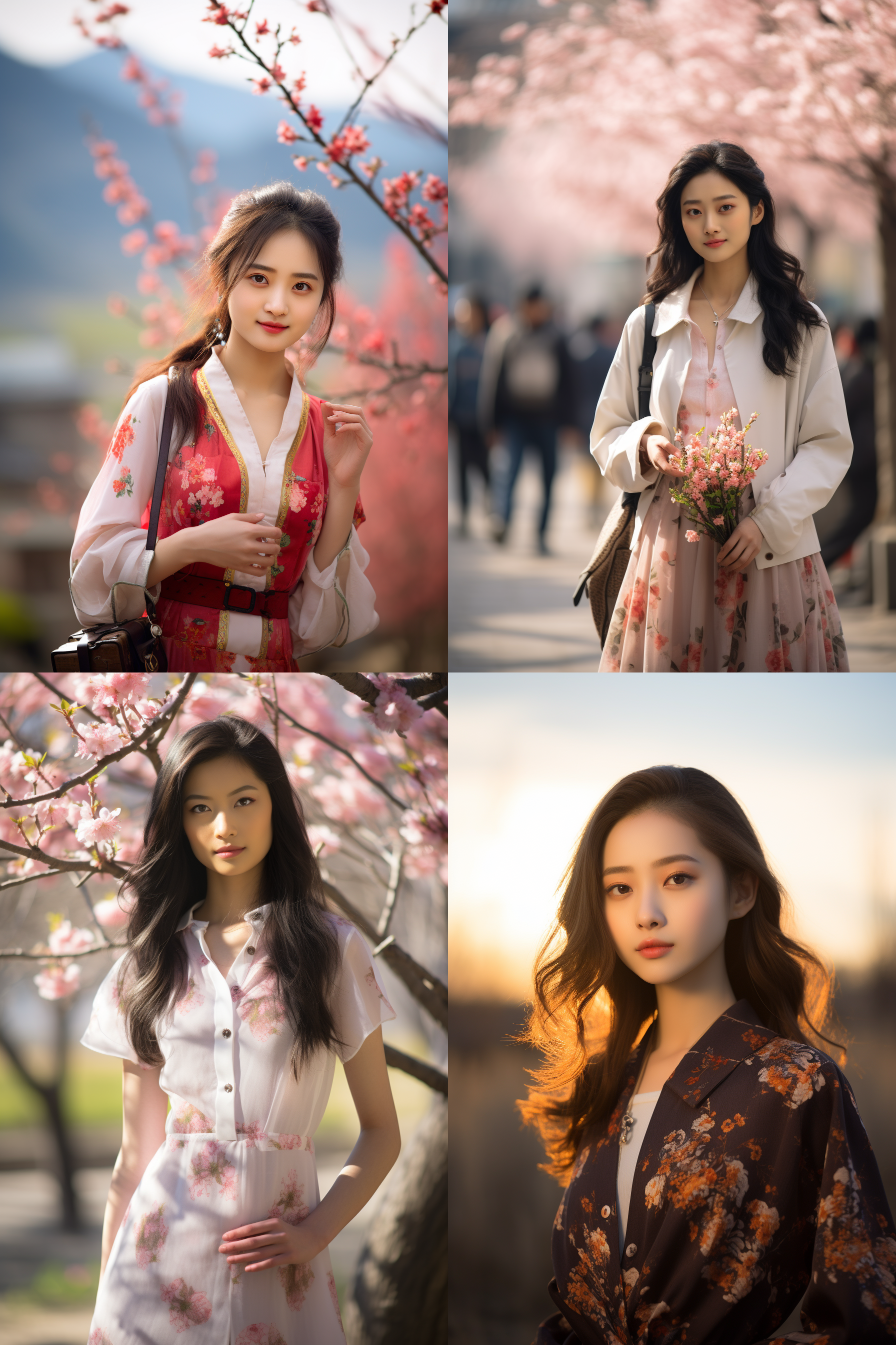 中国女孩，套裙服饰，春日摄影，明亮光线， 清新自然，户外风景，肖像模式，中焦镜头，自然姿态，