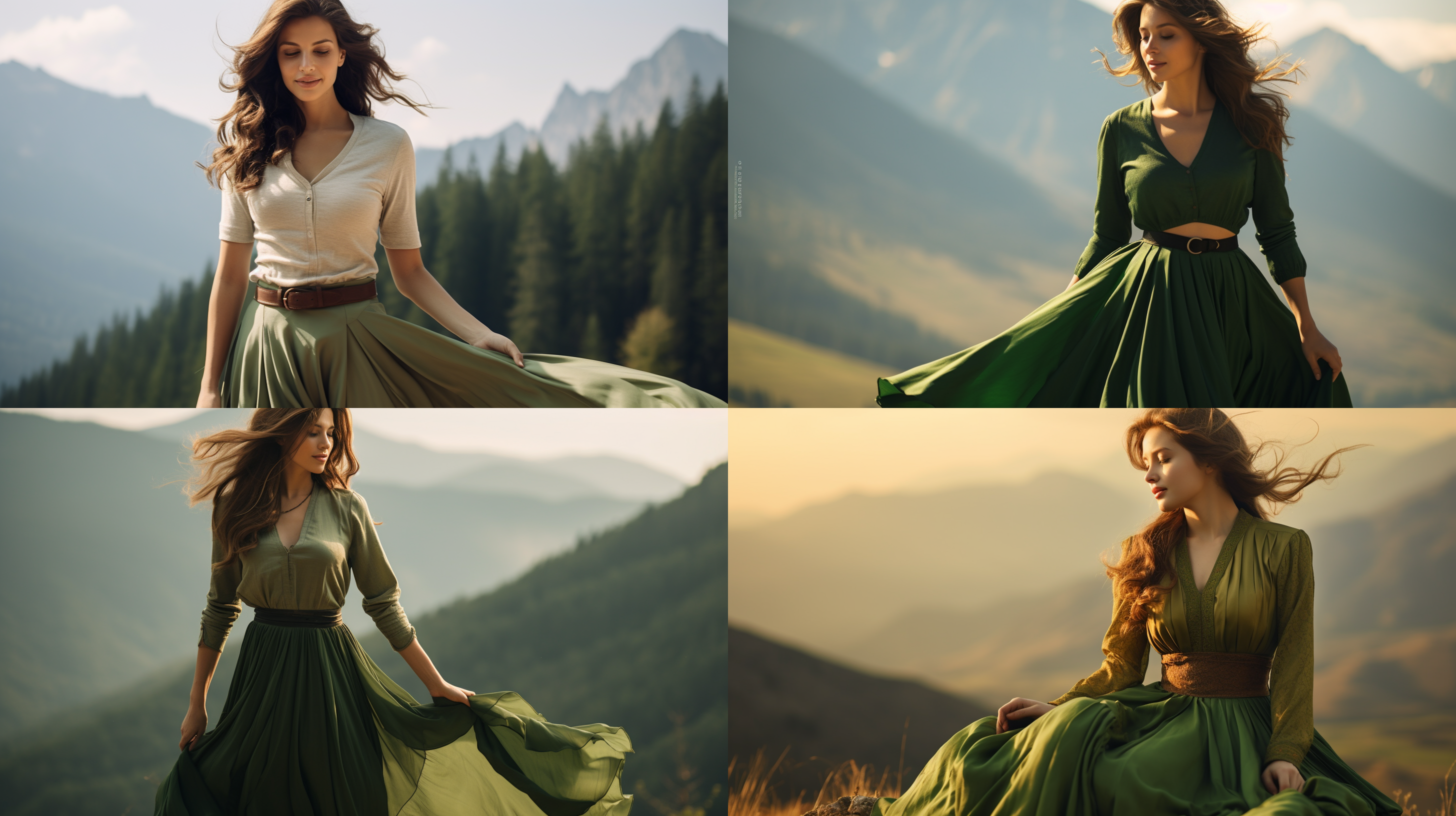 优雅女性，山顶风光，古典气质，长裙，绿色，微笑，自然光，中焦镜头，和煦色调，轻柔风格，温暖情感。