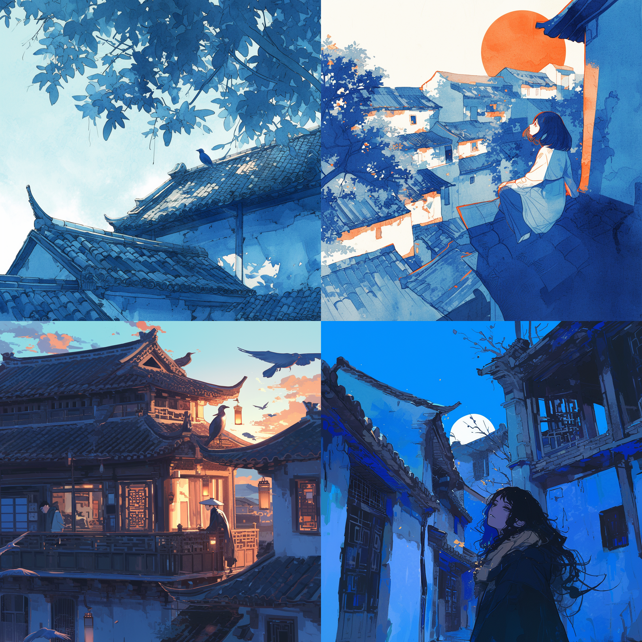 无言，中国风，人物抬头仰望，青砖古宅，斜阳倾泻，水墨画效果，唐诗元素，忧郁，黄昏色调。
