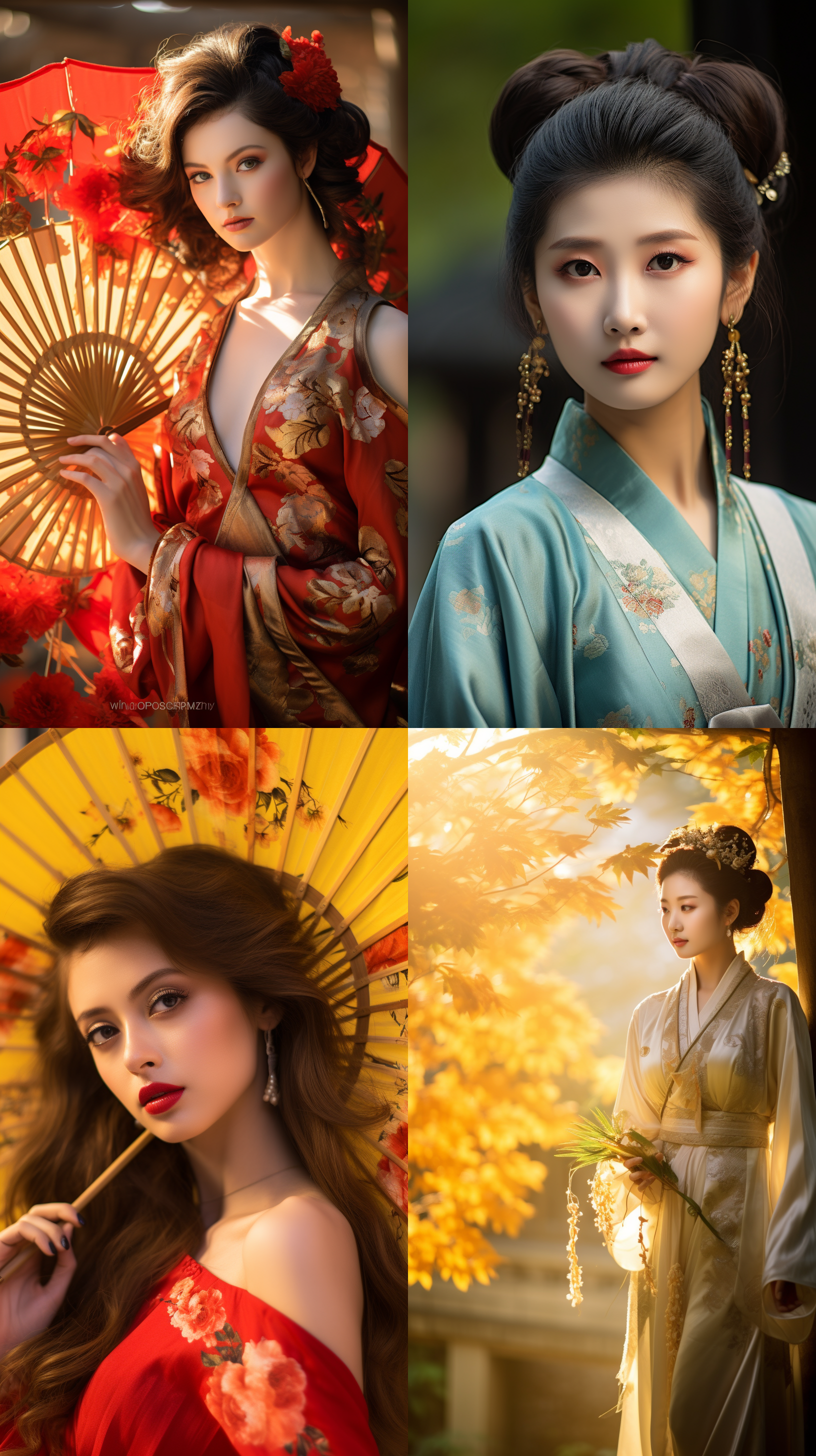室外拍摄，明亮色调，中国模特穿着古典服装，侧面肖像，柔和光线，中焦镜头，端庄表情，优雅动作，传统元素，油画效果，温暖情感
