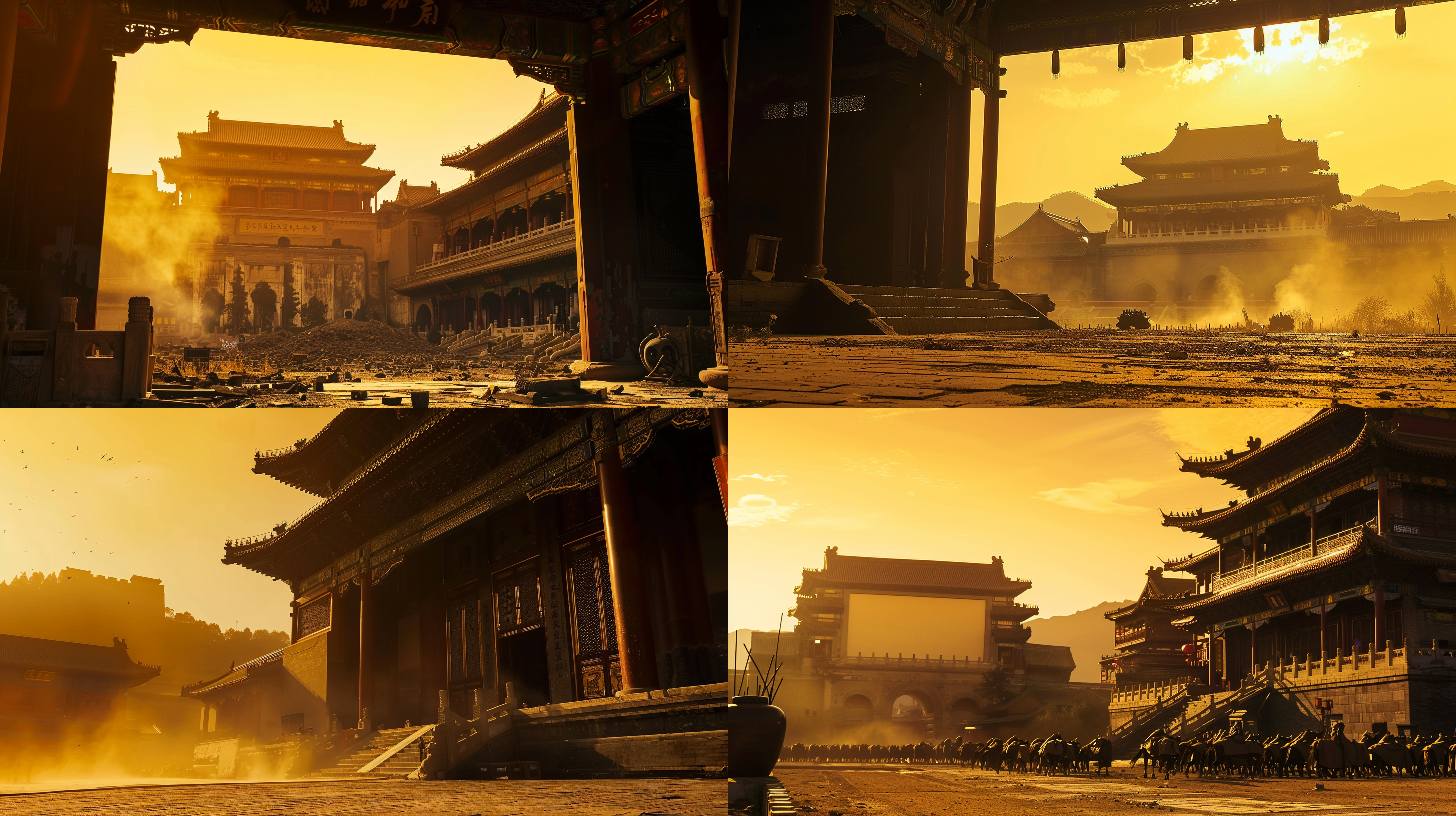 皇宫非常破败，昏黄画面