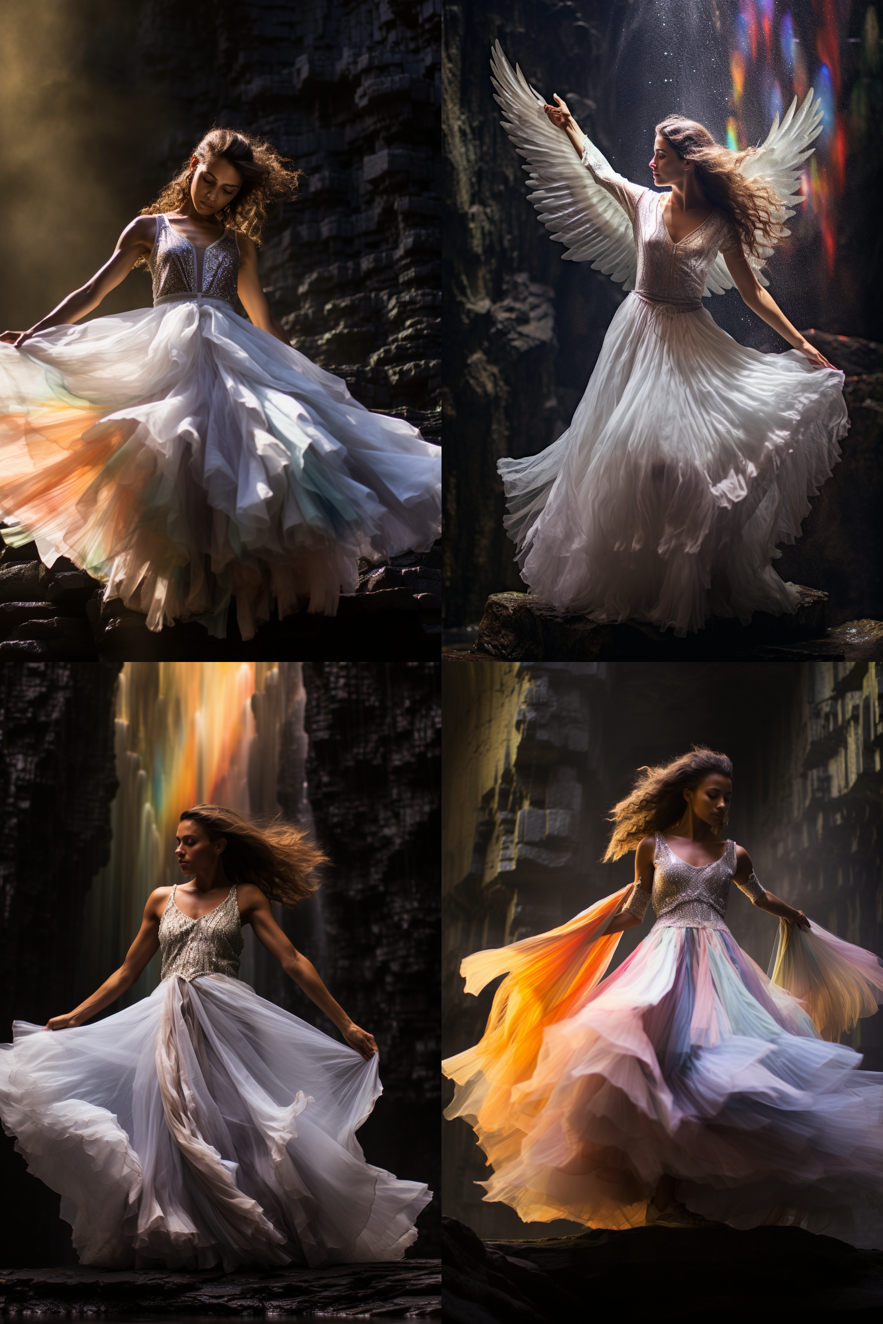 女子身穿白色长裙，翅膀上镶嵌着羽毛，裙子上闪烁着亮片，优雅的姿势，身后是一座石崖上飞瀑流泻，水雾萦绕，水花中呈现彩虹色调，传递出魔幻与奇迹的感觉。使用尼康z7相机和24-70mm镜头拍摄，聚焦女子宁静的表情，风格仿佛幻想插画。