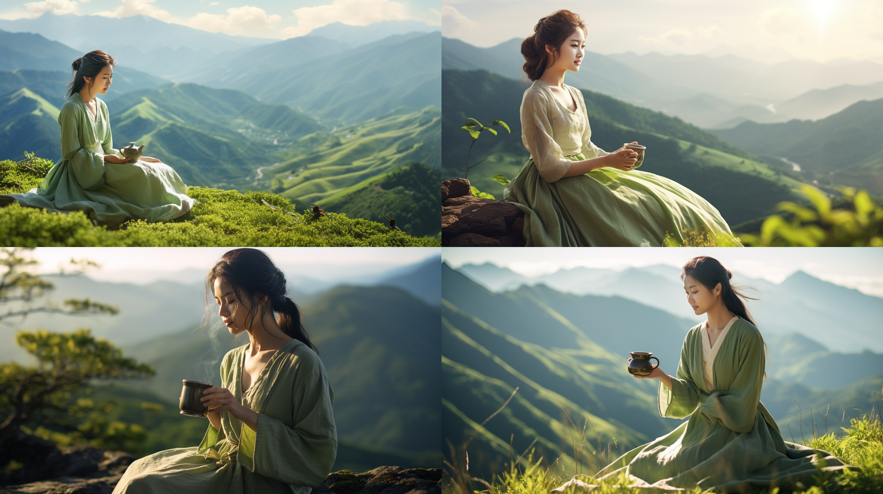 14岁亚洲女孩，穿着浅绿色的长裙，在山顶喝茶，阳光，微笑，自然风光，温暖色调，广角镜头，抬头看远方，“静谧，宁静”。