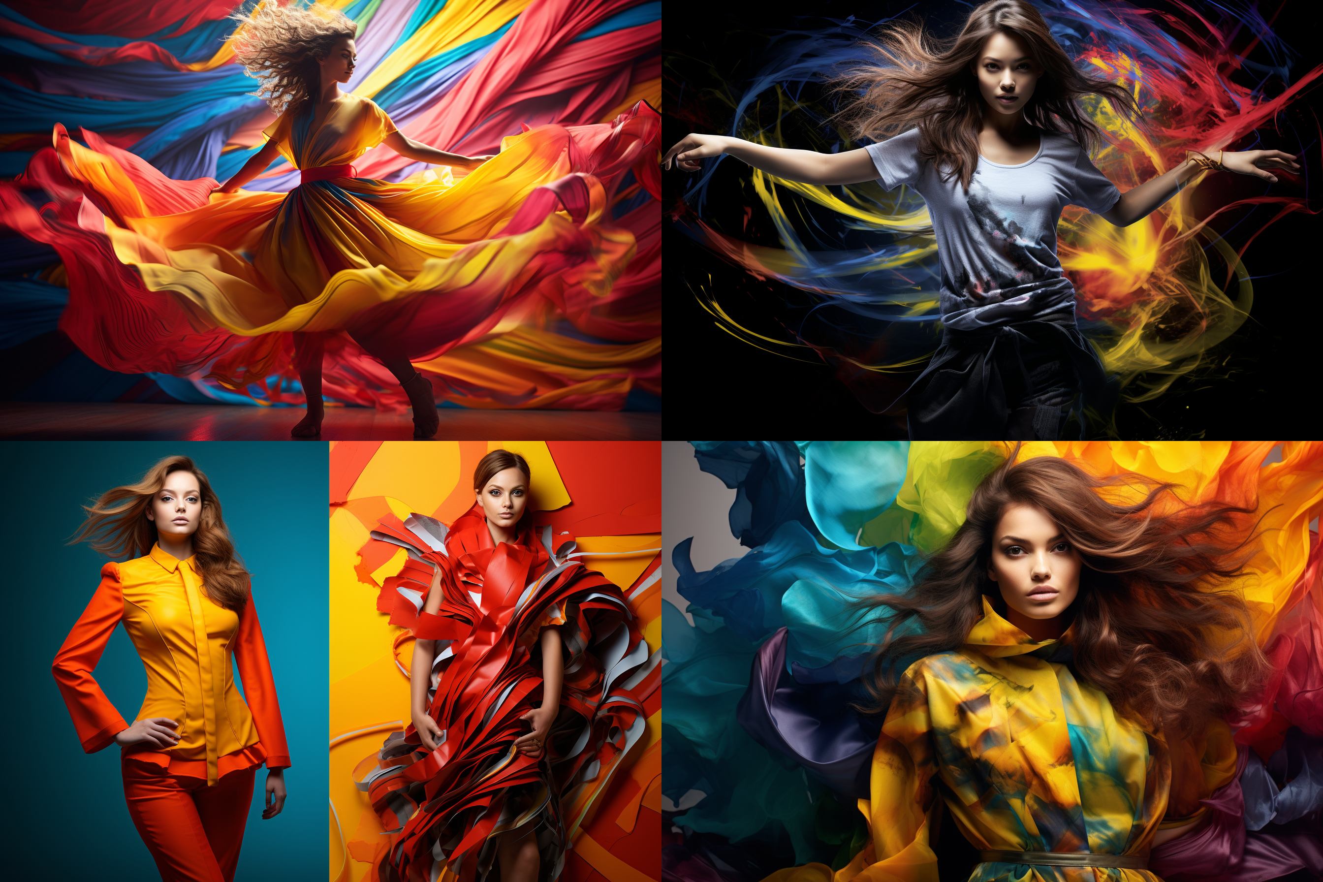 创意服装海报，时尚设计，抽象背景，明亮色彩，模特穿着独特服装，凝视镜头，室内拍摄，中景构图，灯光效果，广角镜头，动态姿势，表达创意。