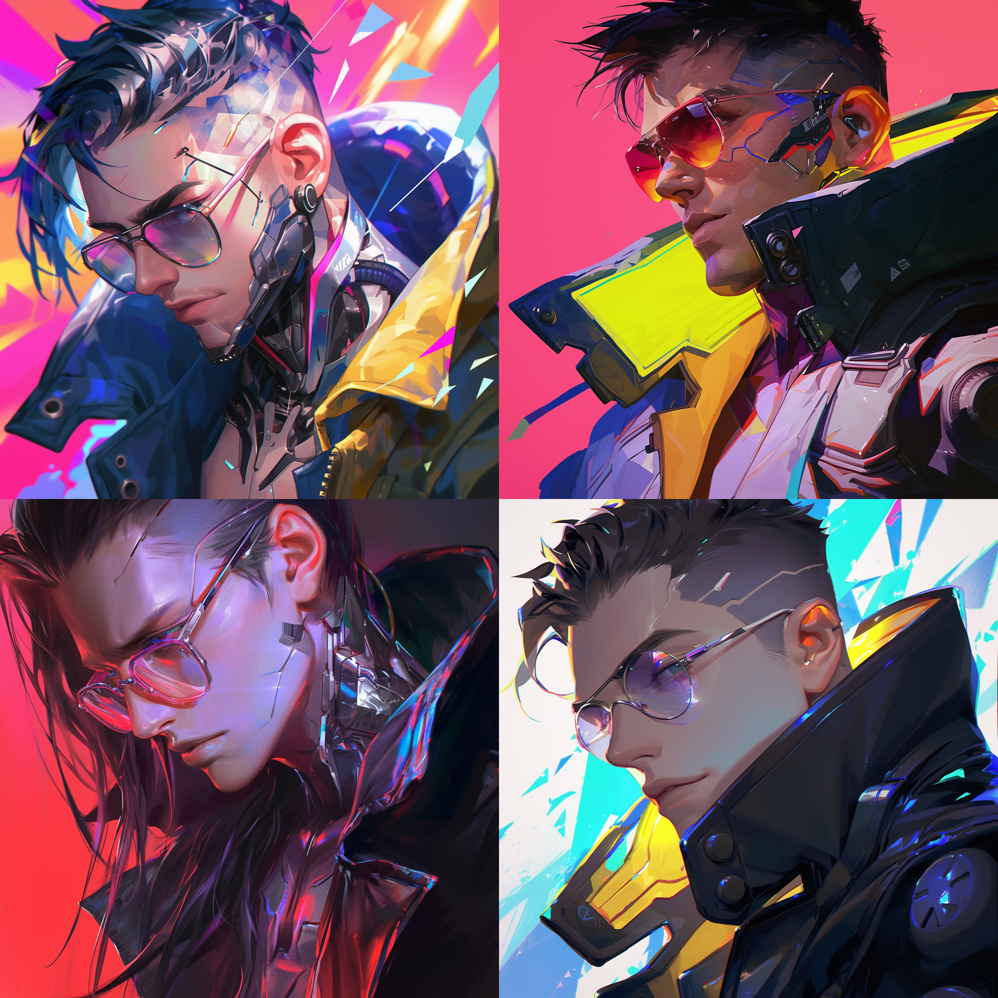 赛博朋克2077，超帅男生，精致面容 id，白皙的皮肤，朋克眼镜，朋克装扮，面部特写，中心构图，色彩鲜艳，明亮的光线，超高细节，超高清，32k