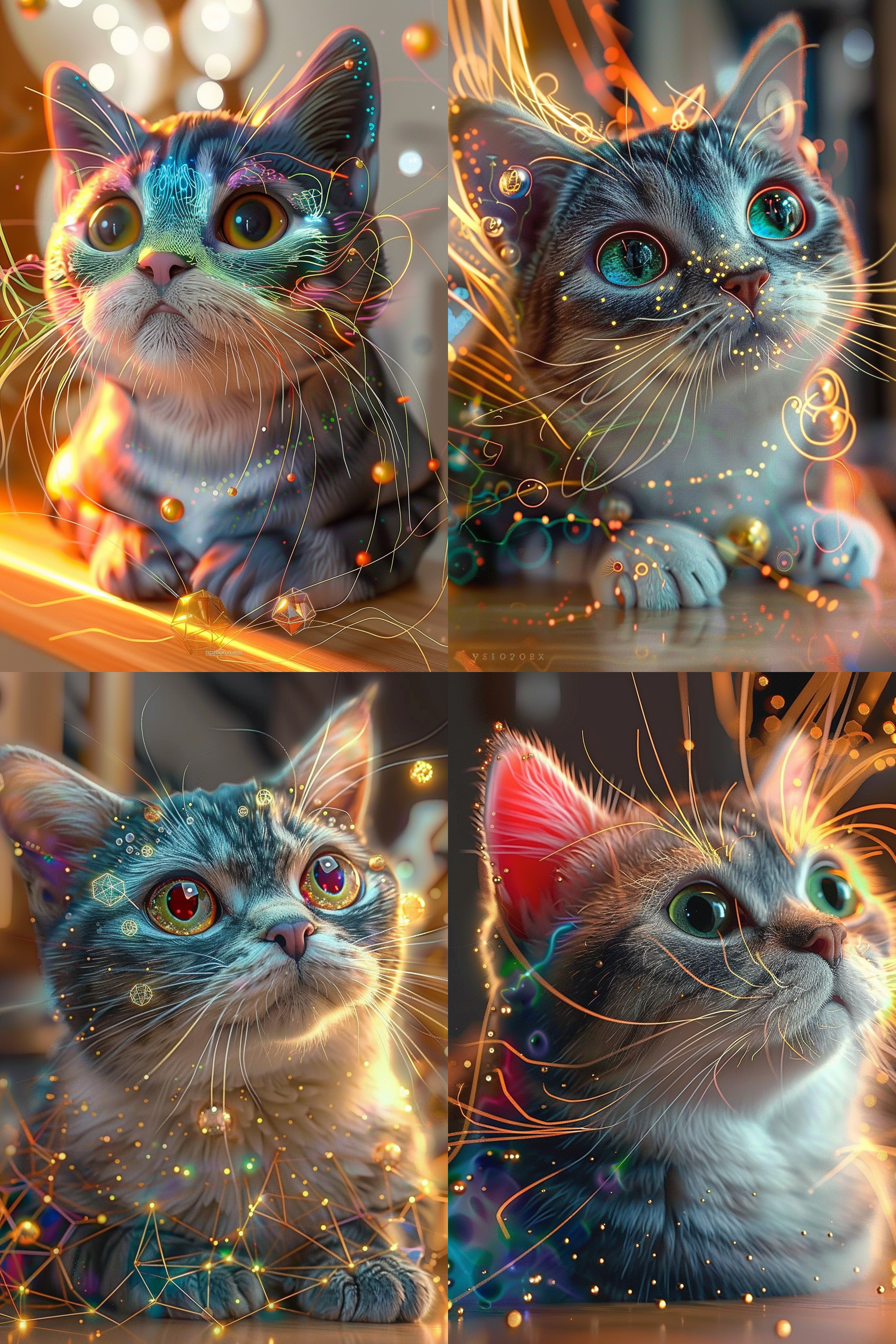 a meticulously crafted portrayal of a fantasy cat adorned in vibrant lemon green, cherry red, and sky blue hues. 正面照，quantum dots dance across its fur, mirroring energy levels through swirling cosmic gold patterns. the composition includes elements like pearly dewdrops, refraction diffraction, ferrofluid dynamics, asymmetrical polyhedra toys, ornate line tracings, and intricate details reminiscent of akashic records. the visual experience is enhanced by the use of octane render, culminating in a mesmerizing display featuring gold hieroglyphics.