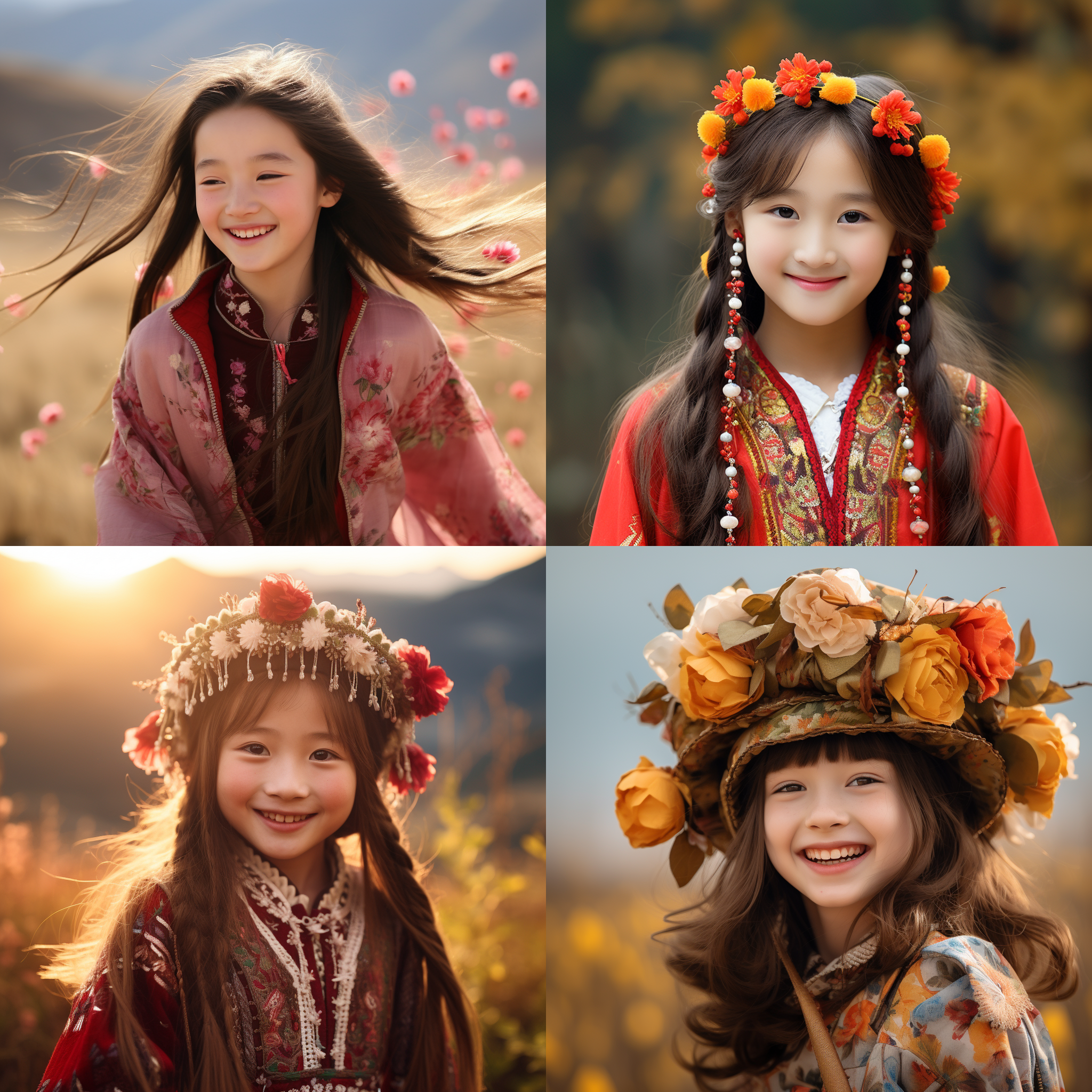 12岁中国女孩，肖像镜头，明亮光线，户外草地，微笑，花朵头饰，暖色调，自然风。