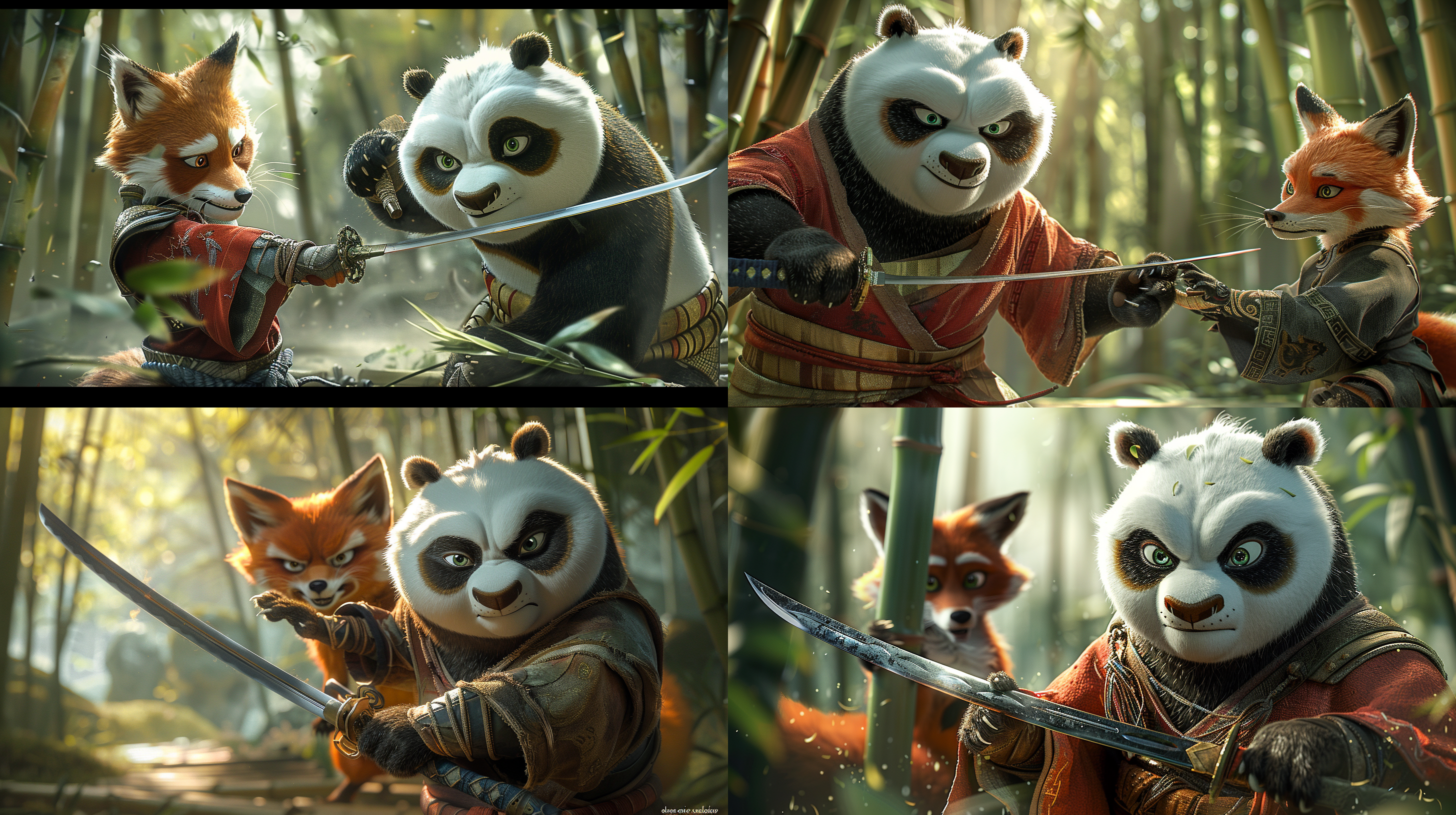 within the bamboo forest, a kung fu panda stands, gripping a sword, appearing behind a fox about to chop bamboo. the panda exudes a sense of martial arts prowess, ready for action. the panda’s fur is fluffy, contrasting with the sleekness of the sword, under the dappled sunlight filtering through the thick canopy of bamboo leaves, creating shadows and light play. the fox’s expression is focused and determined, showcasing its intent to cut down the bamboo.