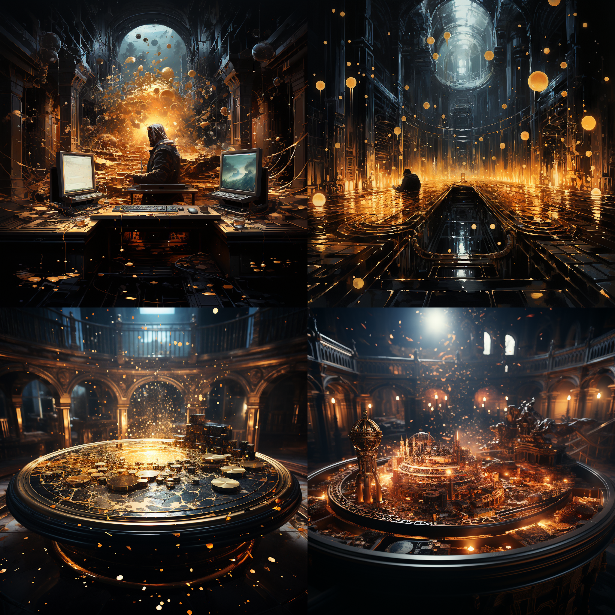 the mysterious golden keyboard floats in the universe, while the black hole shatters in the background. highlights, night scenes, flashes, dark tones, rich details, nebulae, science fiction, futurism, mystery, and attraction.